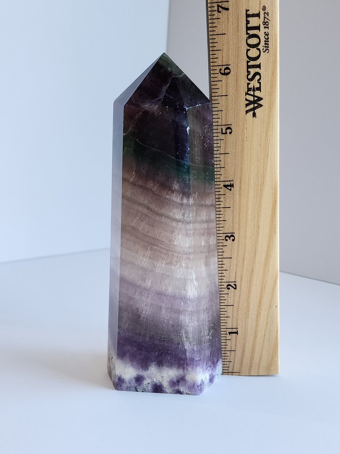 Large Rainbow Flourite Tower. Banded Purple, Green and Gray/white Point. Dark colors with a polka dot spotted bottom! (Imperfect)