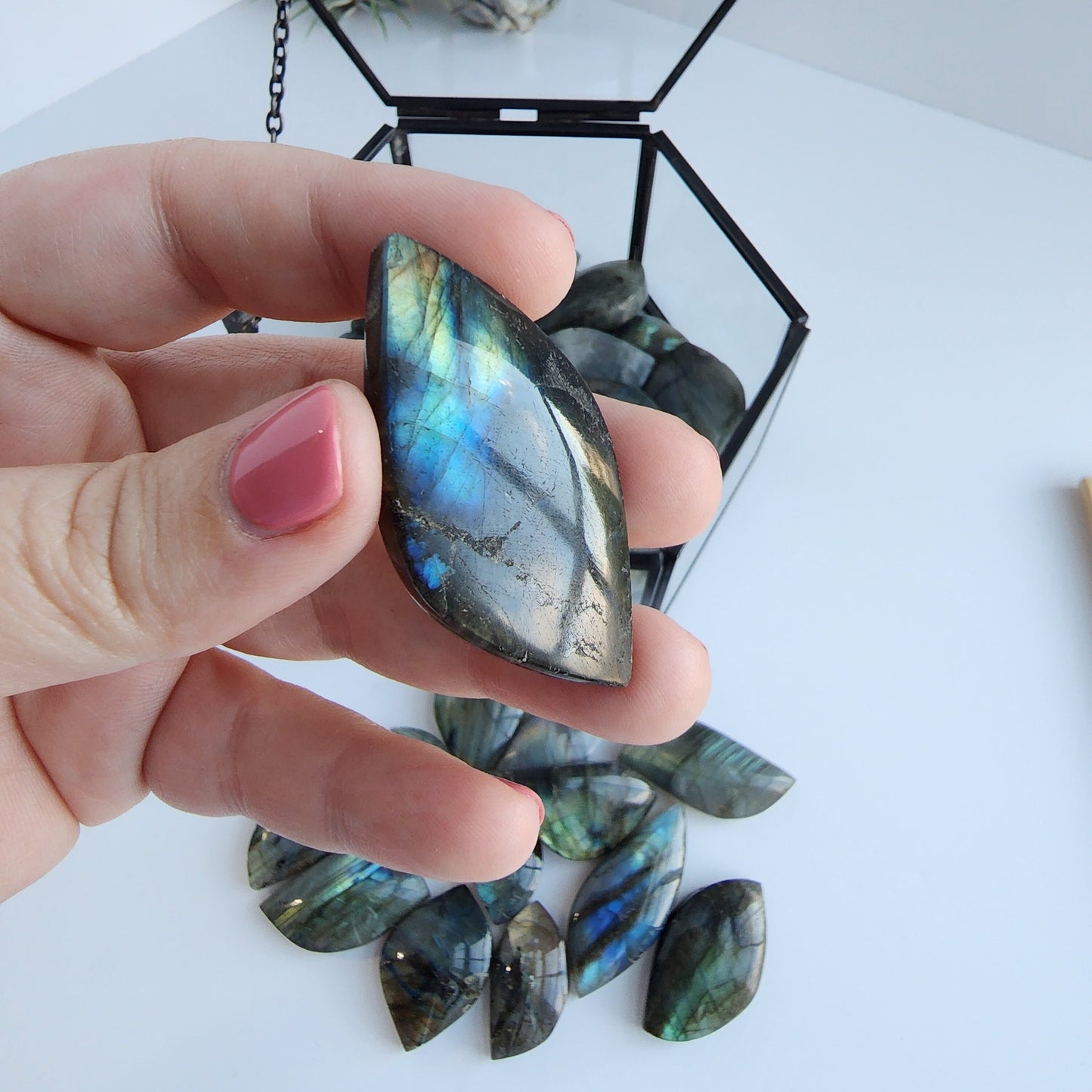 Labradorite Leaf Carvings. Smaller with good flash or larger medium flash. Intuitively Chosen!