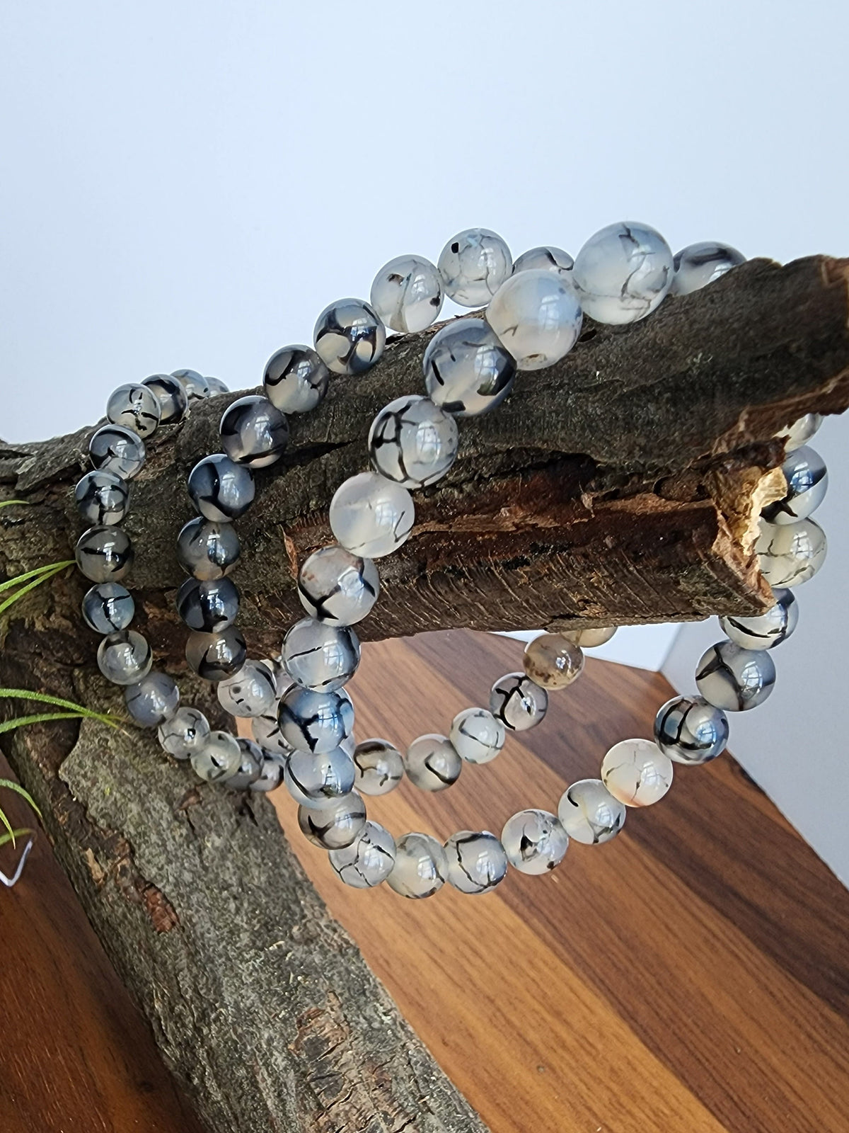 Dragon Lace Agate Bracelet: 7.5MM Translucent Blue Crystal with Black Veins and Webbing | Cloudy Gray Patterned Unique Jewelry | Goth Vibes