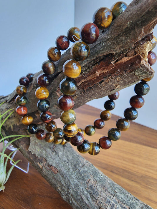 Mixed Tiger Eye Bracelet | Shapeshifter Tiger's Eye | Red, Blue & Yellow | Stretchy with 8MM Natural Crystal Beads | Intuitively Chosen