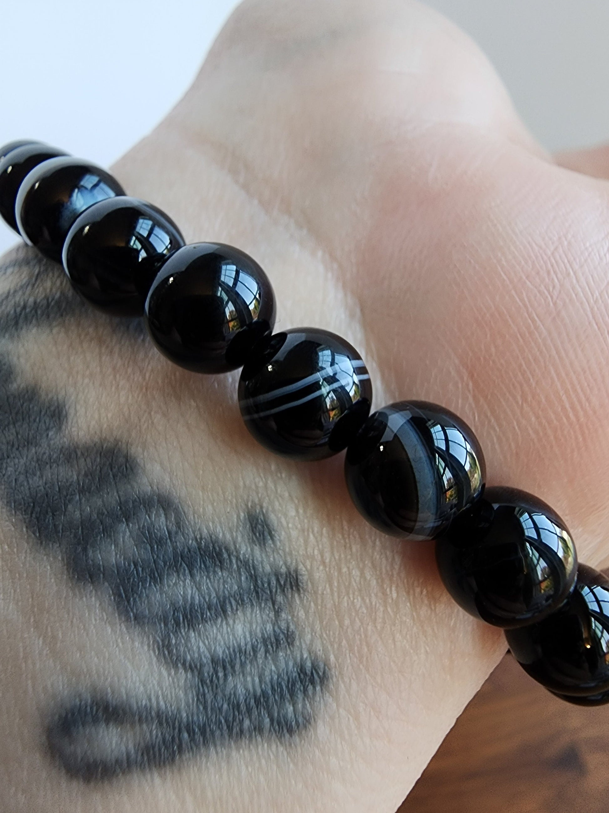 Black Agate Bracelet | Striped Sardonyx Agate | White & Coffee Banded Patterns | 8MM Crystal Beads on Stretch Bracelet | Intuitively Chosen