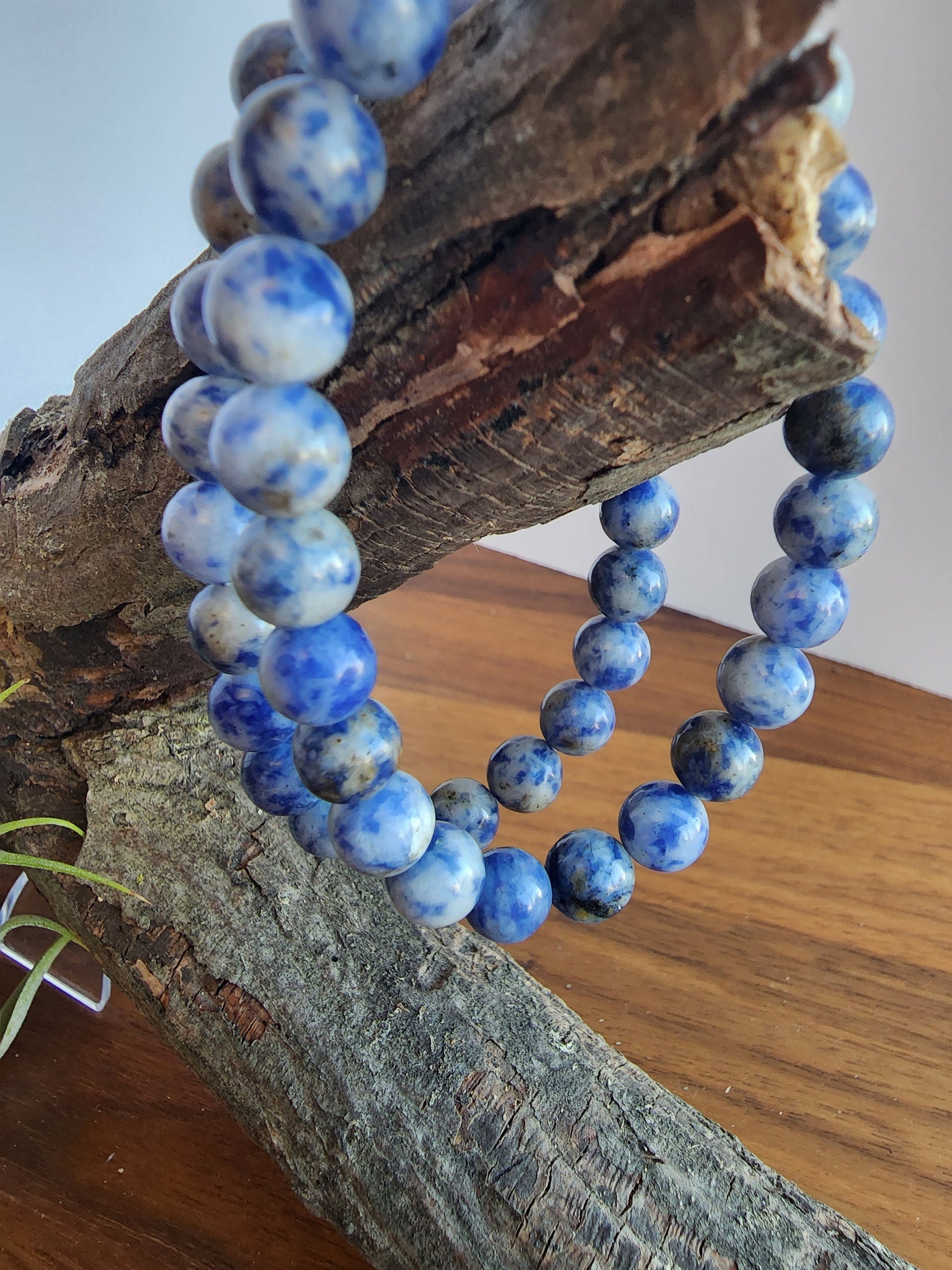 Blue Spotted Jasper | 8MM Crystal Bracelet | Beautiful Blue, White, Black & Gray Patterned Beads on Stretchy Band | Winter Confetti Add On