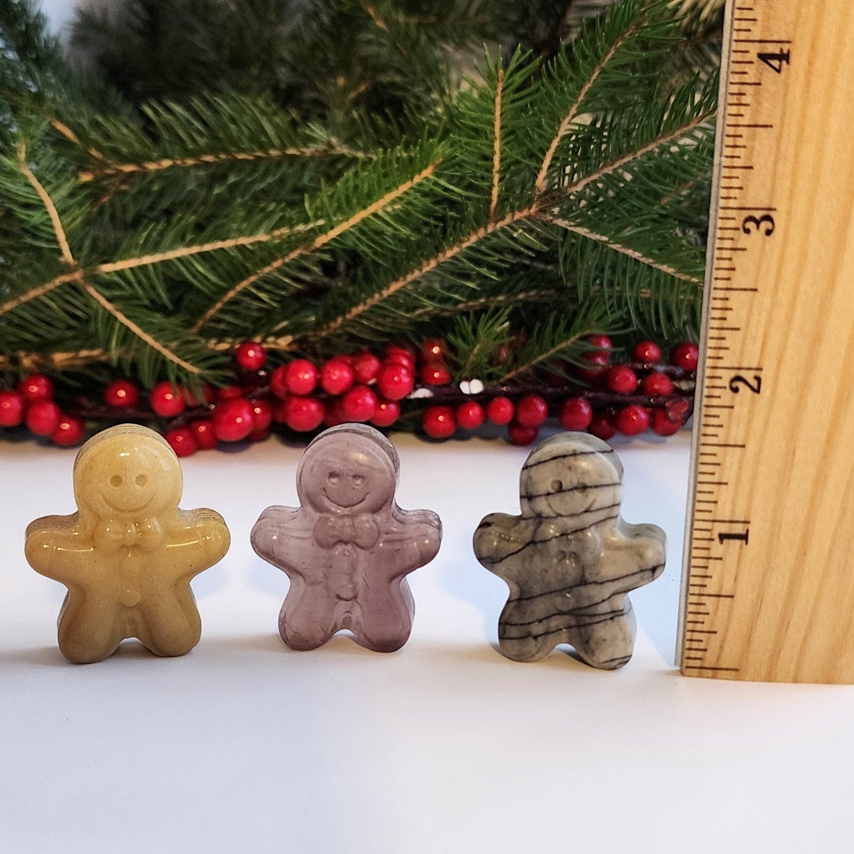 Gingerbread Men Carving | Christmas Crystals | Holiday Decor | Picture Jasper, Fluorite, Spiderweb Jasper | Choose Your Material