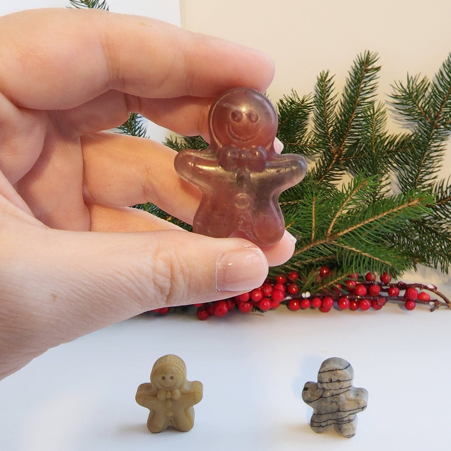 Gingerbread Men Carving | Christmas Crystals | Holiday Decor | Picture Jasper, Fluorite, Spiderweb Jasper | Choose Your Material