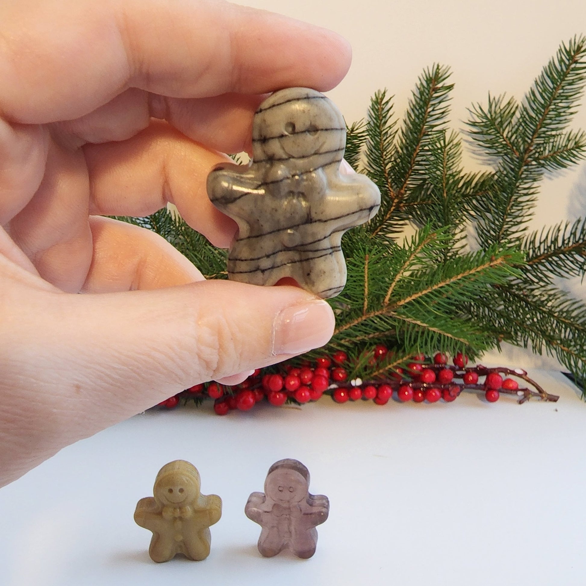 Gingerbread Men Carving | Christmas Crystals | Holiday Decor | Picture Jasper, Fluorite, Spiderweb Jasper | Choose Your Material