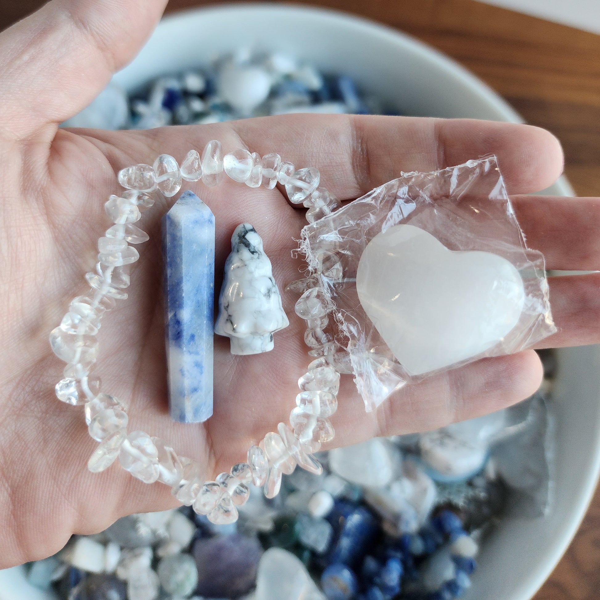 Silver | Winter Solstice Crystal Confetti | Premium Mix of Bracelets, Worry Stones, Tumbles, Chips | White, Blue & Icicles | Light Theme