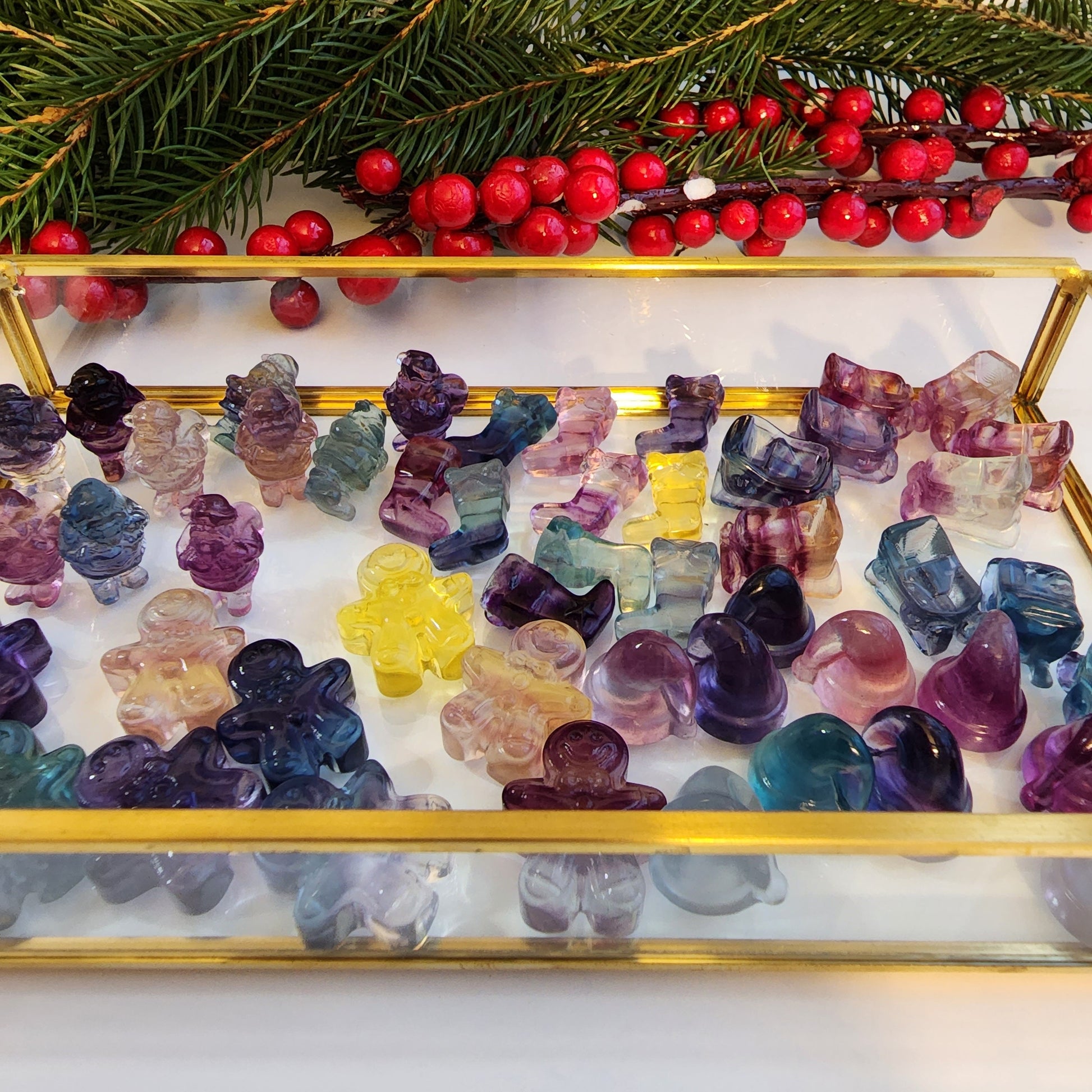 Mystery Micro Christmas Crystals | Rainbow Fluorite Mini Carvings | Santa, Stockings, Sleds, Gingerbread Men, Hats | Intuitively Chosen