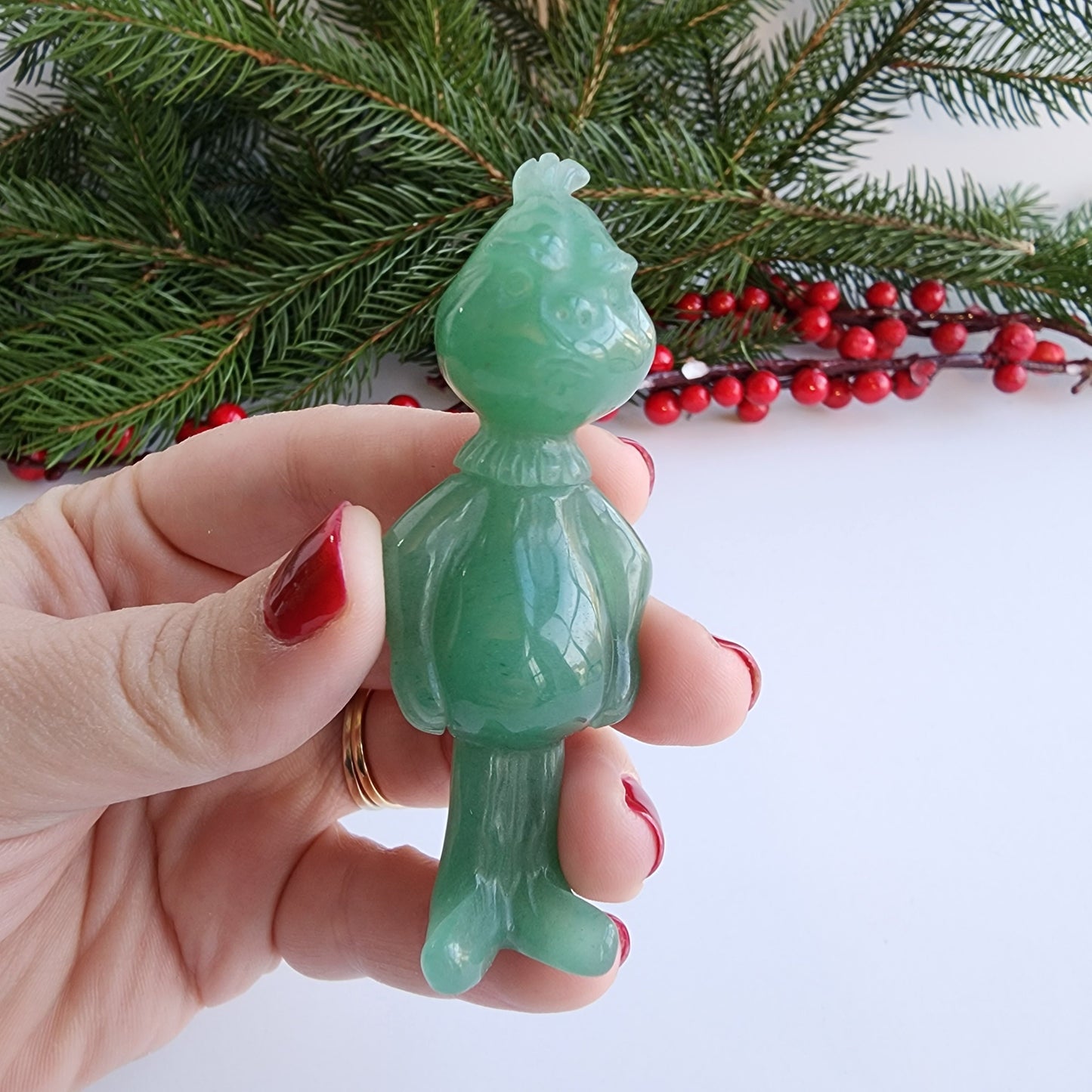 Green Aventurine 'Mean One' Christmas Crystal Carving