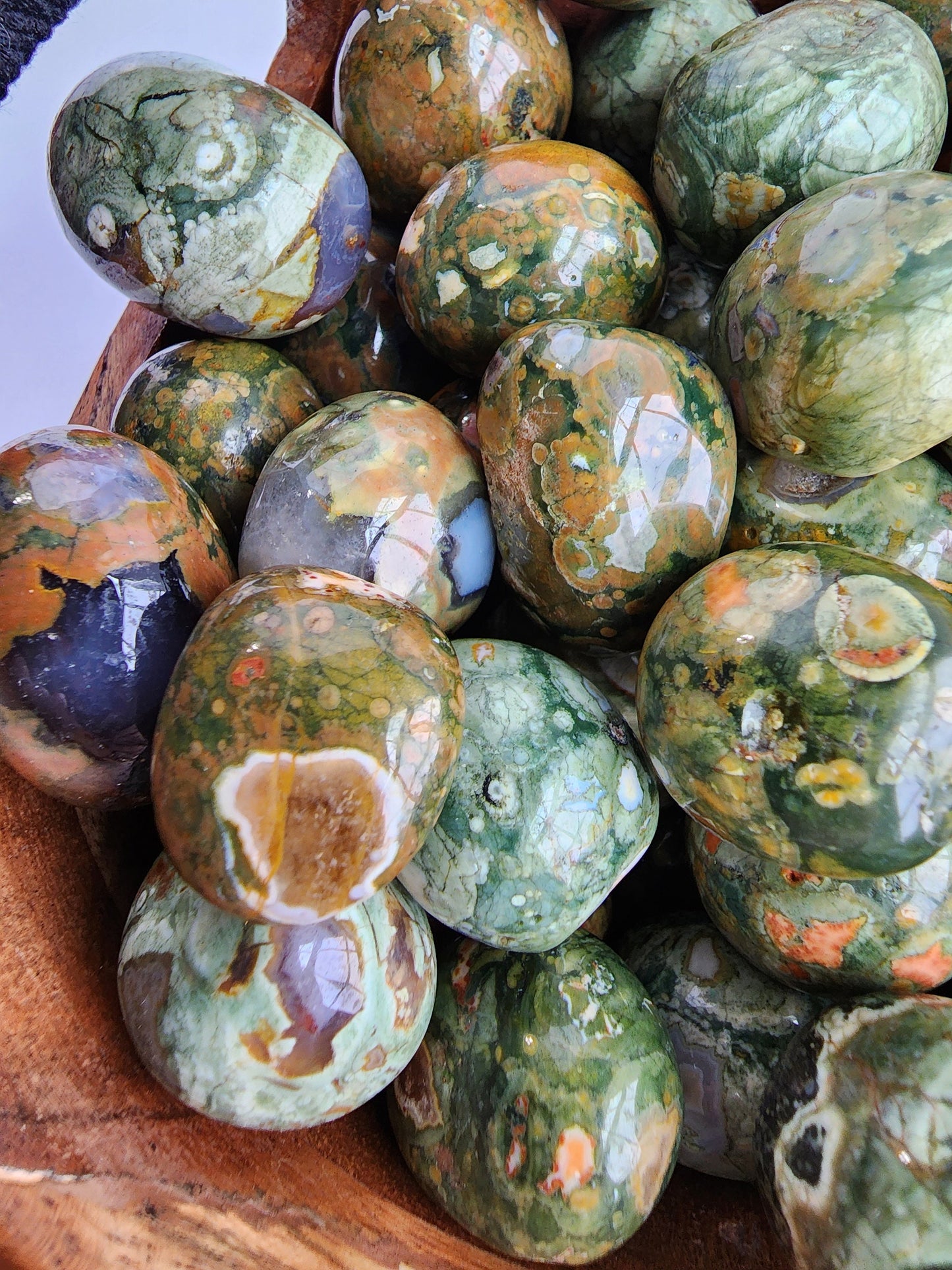 Rainforest Jasper Tumbles | Medium | Lucky Girl Crystal Confetti Add On | Rhyolite | Peacock Eye | Green, Blue, Orange | Intuitively Chosen