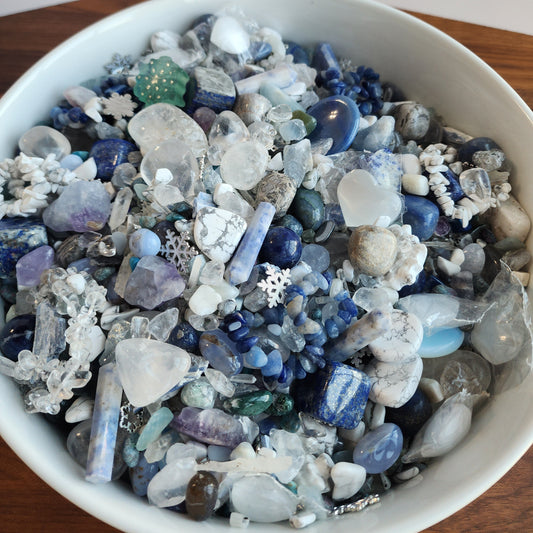 Silver | Winter Solstice Crystal Confetti | Premium Mix of Bracelets, Worry Stones, Tumbles, Chips | White, Blue & Icicles | Light Theme