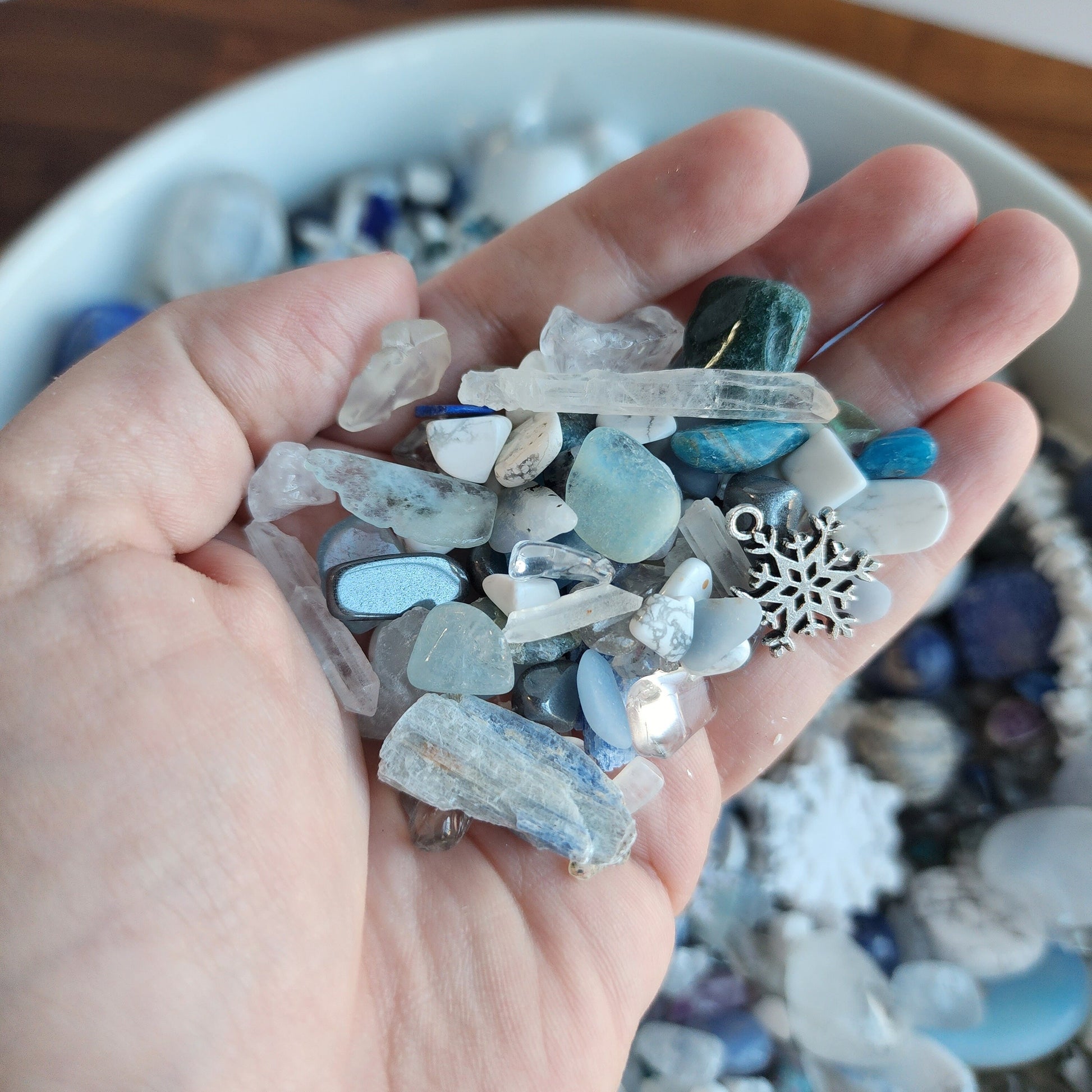 Silver | Winter Solstice Crystal Confetti | Premium Mix of Bracelets, Worry Stones, Tumbles, Chips | White, Blue & Icicles | Light Theme