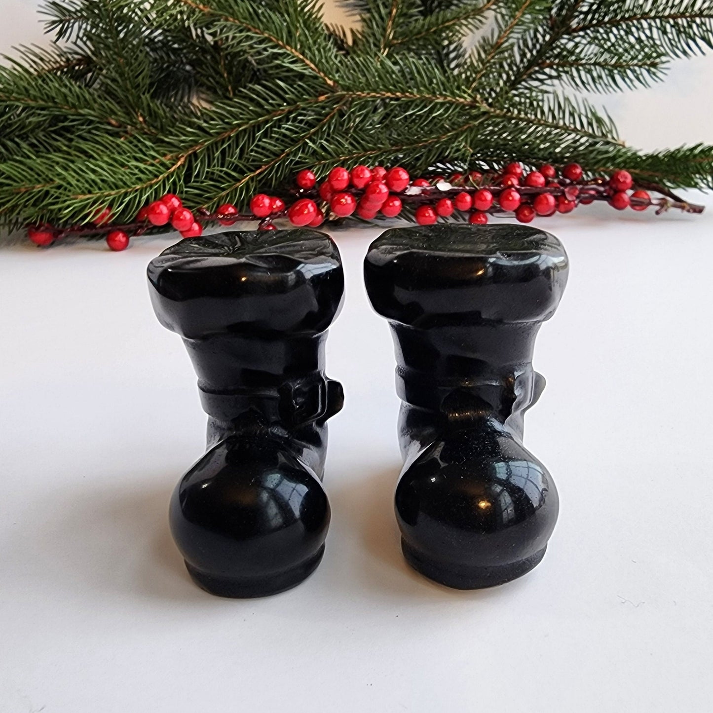 Santa's Boots | Black Obsidian | Christmas Crystals | Santa Claus boots with bucks and leather look | Holiday Decor | Intuitively Chosen