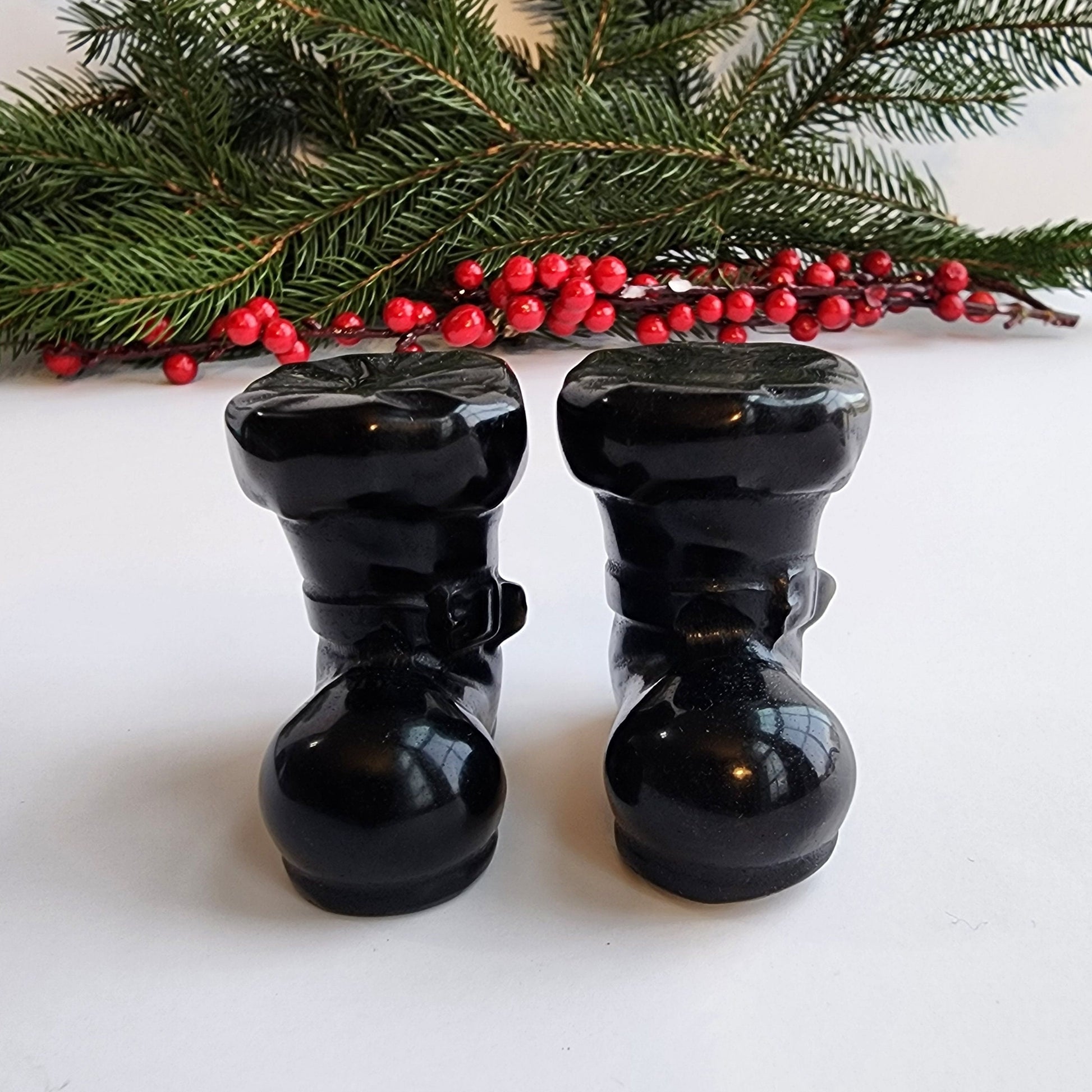 Santa's Boots | Black Obsidian | Christmas Crystals | Santa Claus boots with bucks and leather look | Holiday Decor | Intuitively Chosen