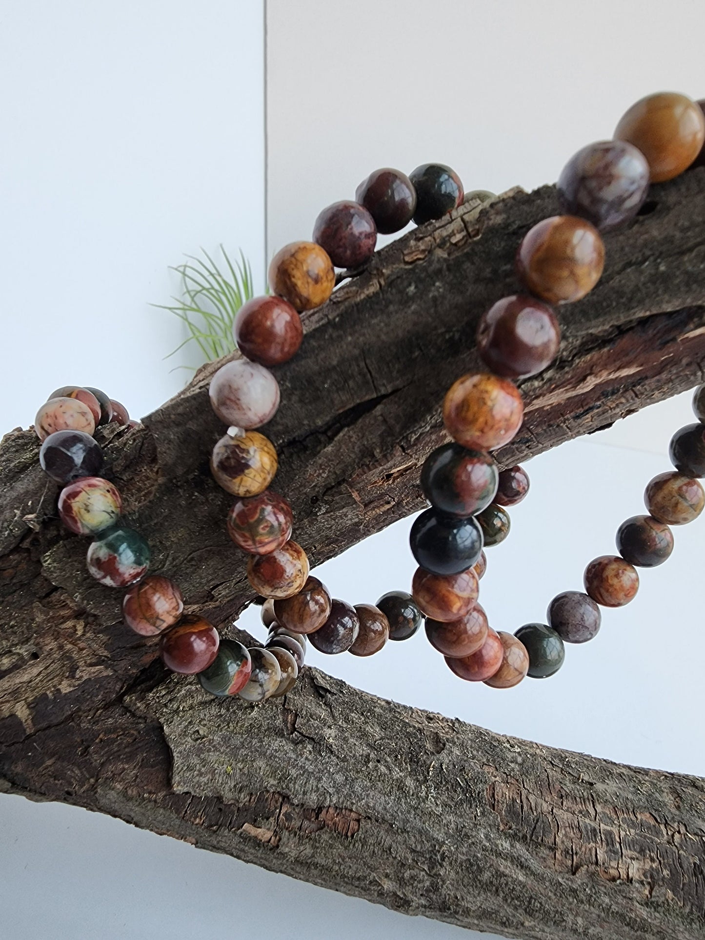 Red Pine Stone Bracelet | Red, Green, Yellow, Natural Color Beands | Stretchy 8MM Crystal Bracelet | Intuitively Chosen