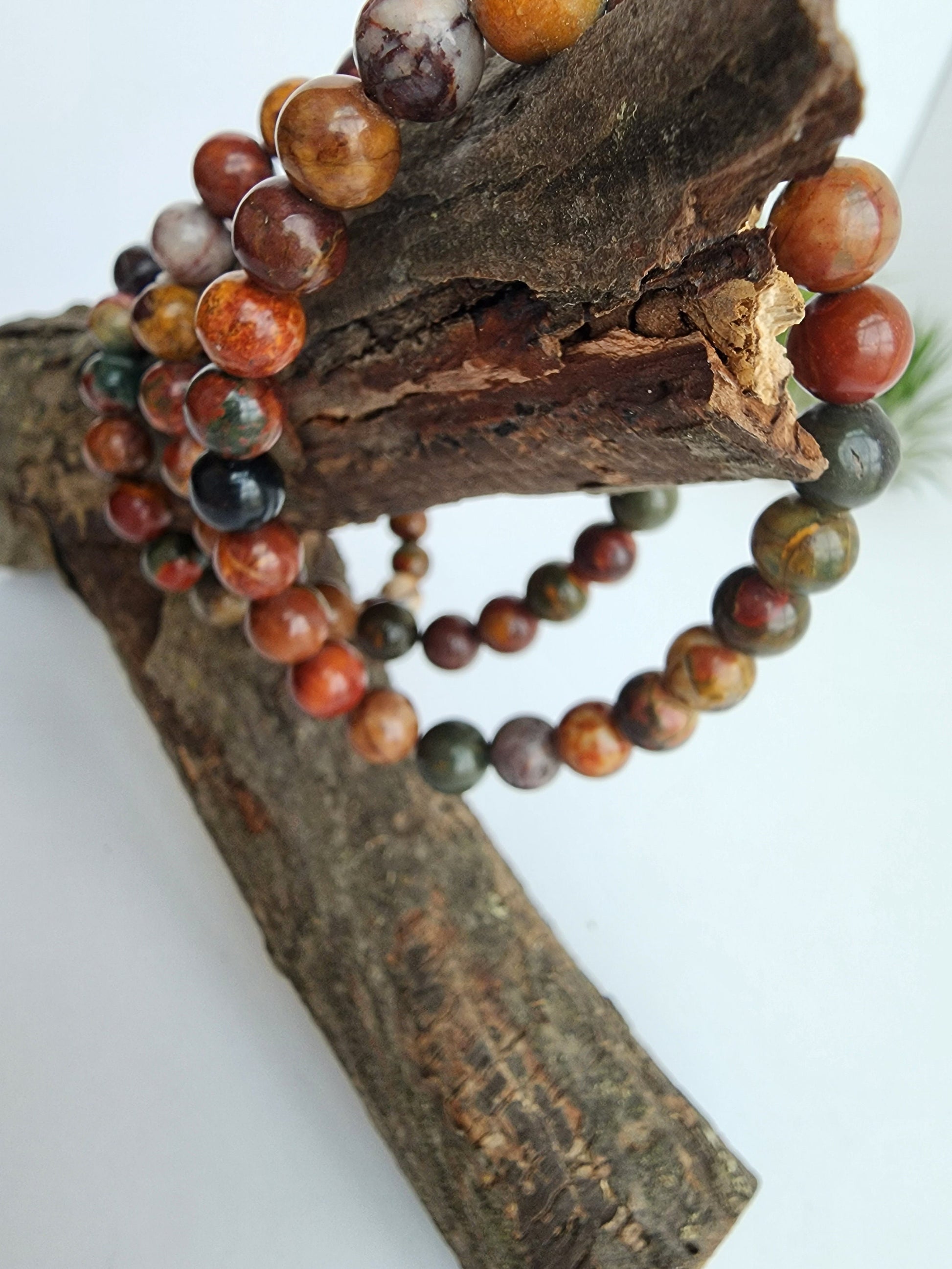 Red Pine Stone Bracelet | Red, Green, Yellow, Natural Color Beands | Stretchy 8MM Crystal Bracelet | Intuitively Chosen