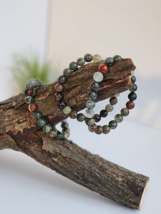 African Bloodstone | 8MM Crystal Bracelet | Gray, Green & Red Beads | Masculine Jewely for Boyfriend or Dad