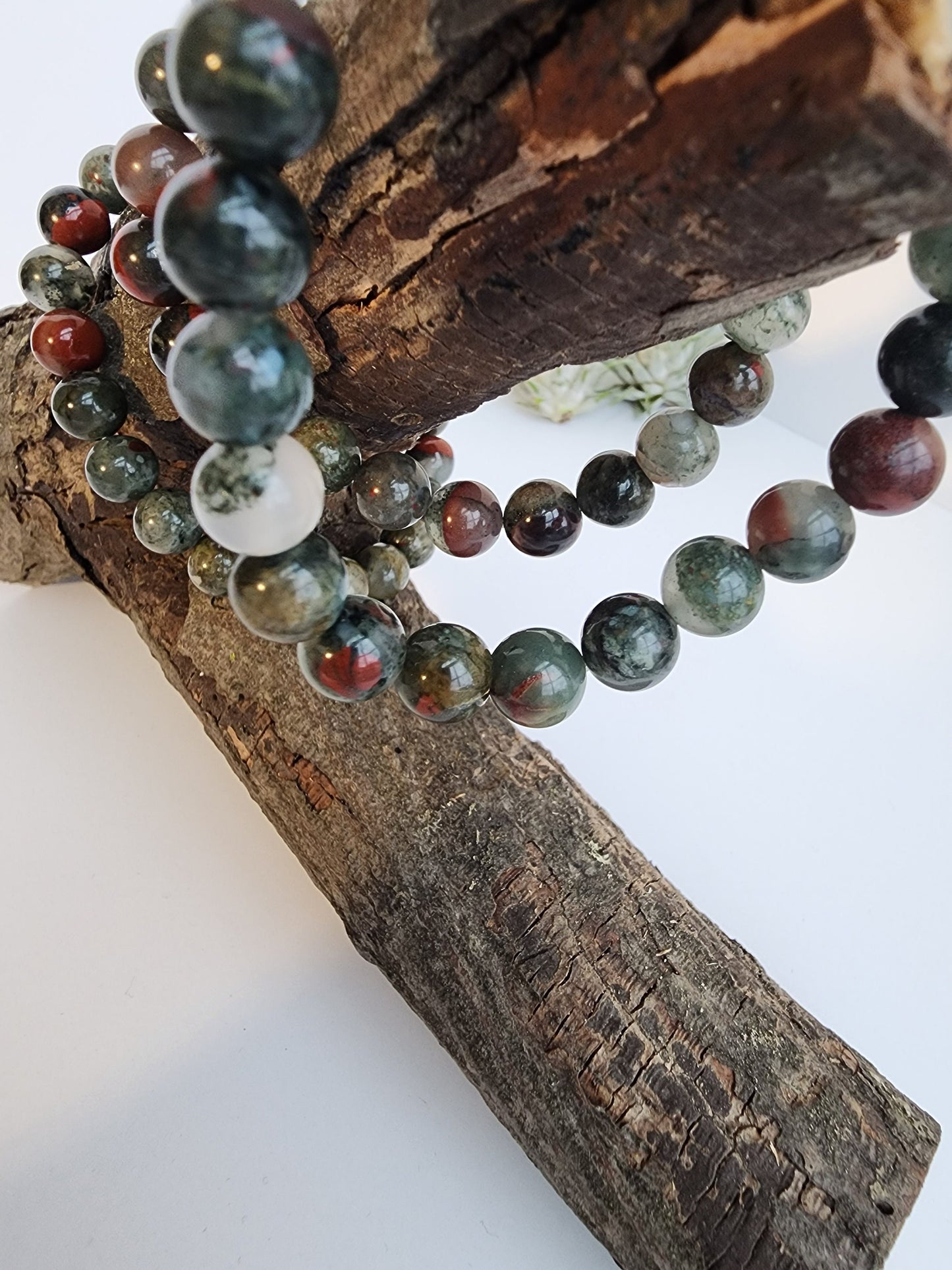 African Bloodstone | 8MM Crystal Bracelet | Gray, Green & Red Beads | Masculine Jewely for Boyfriend or Dad