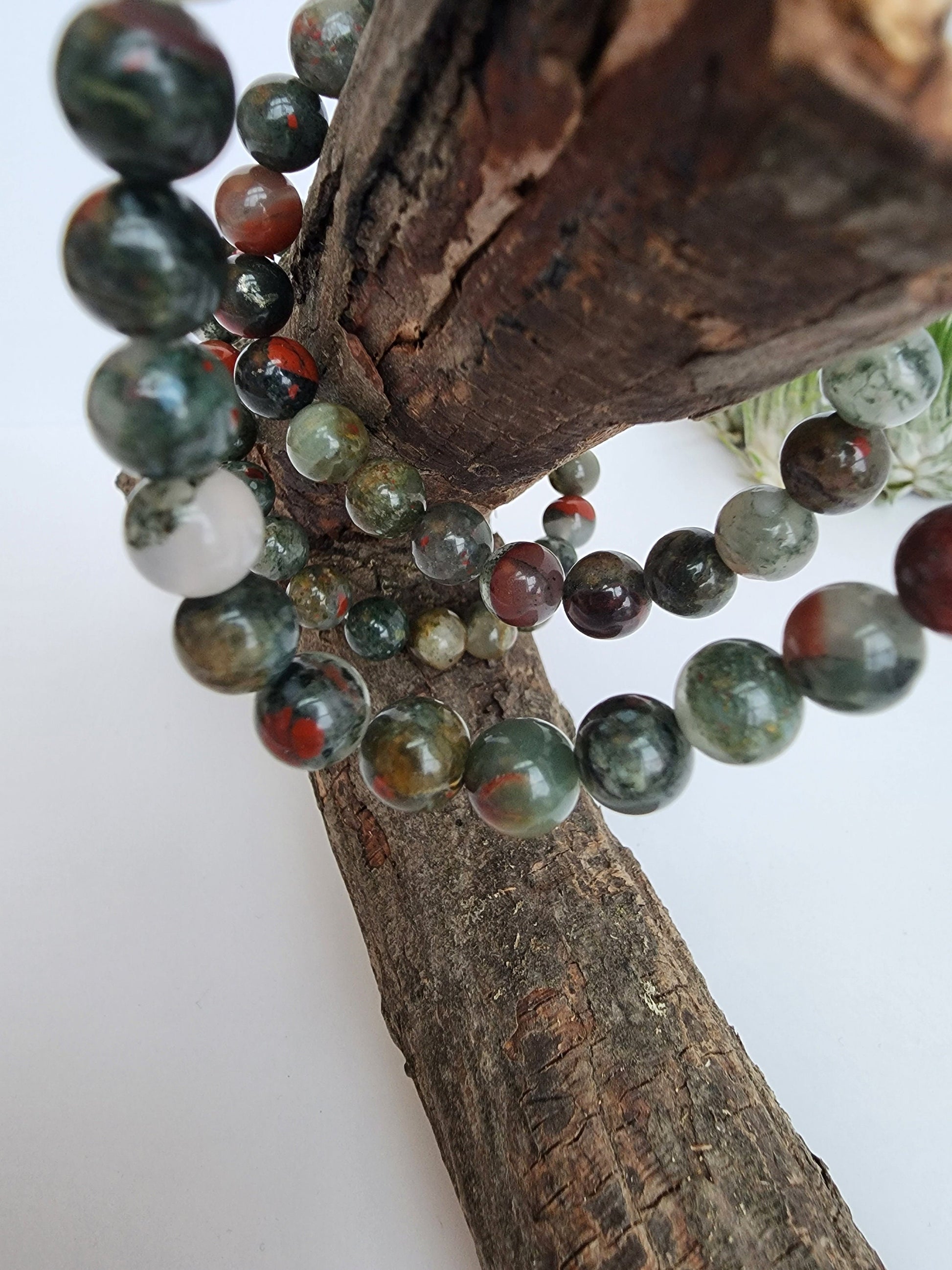 African Bloodstone | 8MM Crystal Bracelet | Gray, Green & Red Beads | Masculine Jewely for Boyfriend or Dad