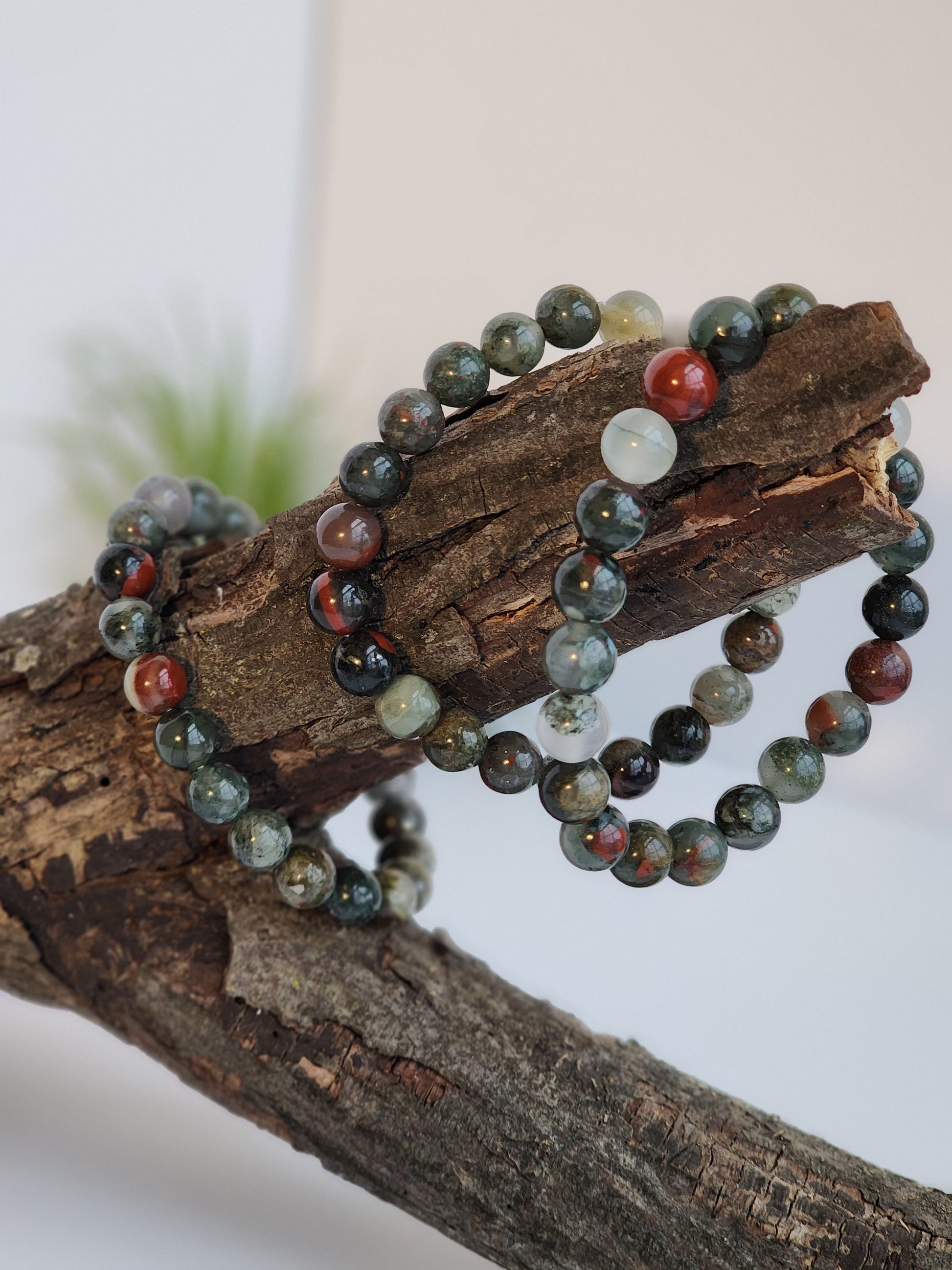 African Bloodstone | 8MM Crystal Bracelet | Gray, Green & Red Beads | Masculine Jewely for Boyfriend or Dad