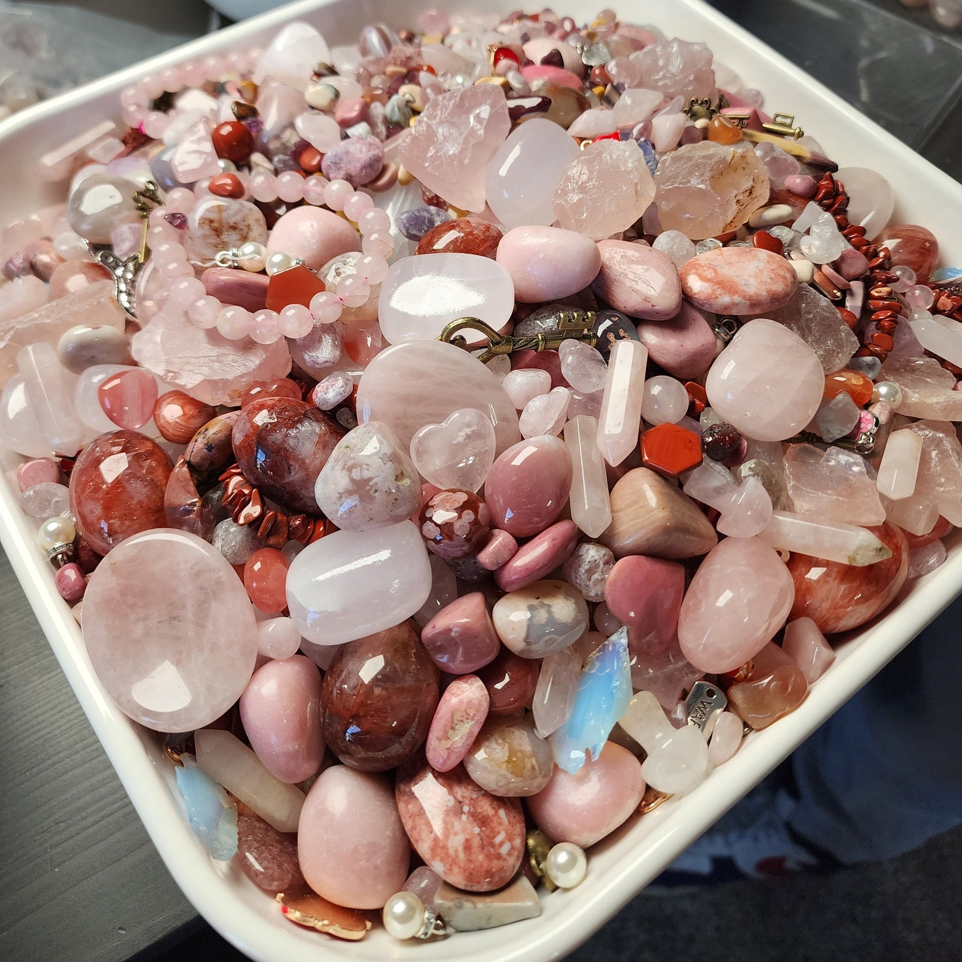 Pink Crystal Confetti Mix: Rose Quartz, Worry Stones & Charm Bracelet