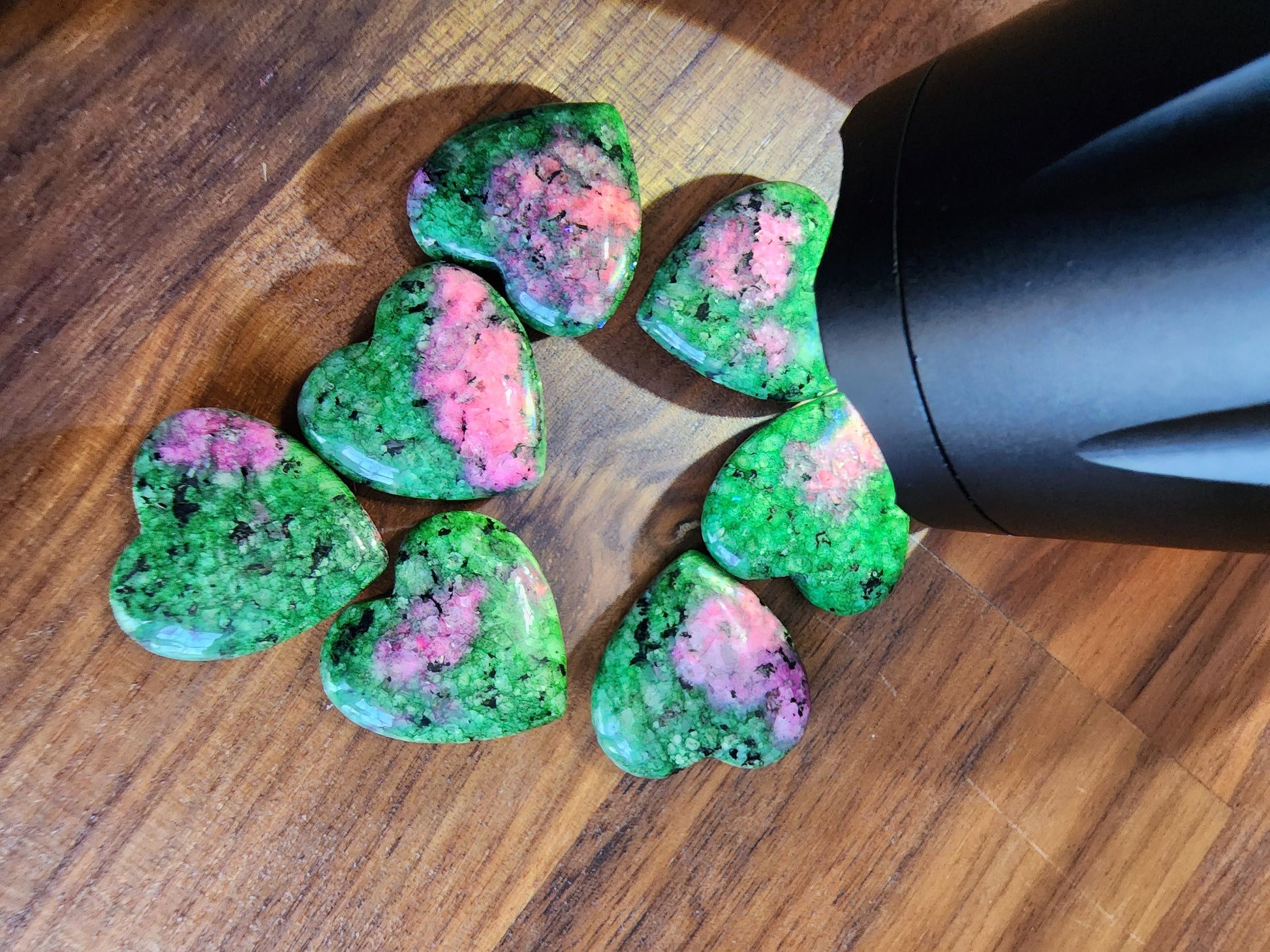 Ruby in Zoisite Mini Hearts | UV Reactive Crystal Heart | Magenta & Bright Green Crystal Carving | Dye Enhanced Quartzite