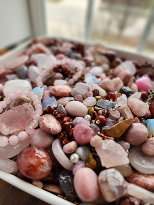 Pink Crystal Confetti Mix: Rose Quartz, Worry Stones & Charm Bracelet