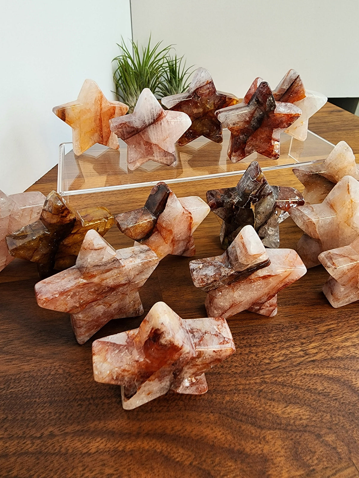 Fire Quartz Crystal Star: Red Hematoid Inclusions, Rainbow Sheen