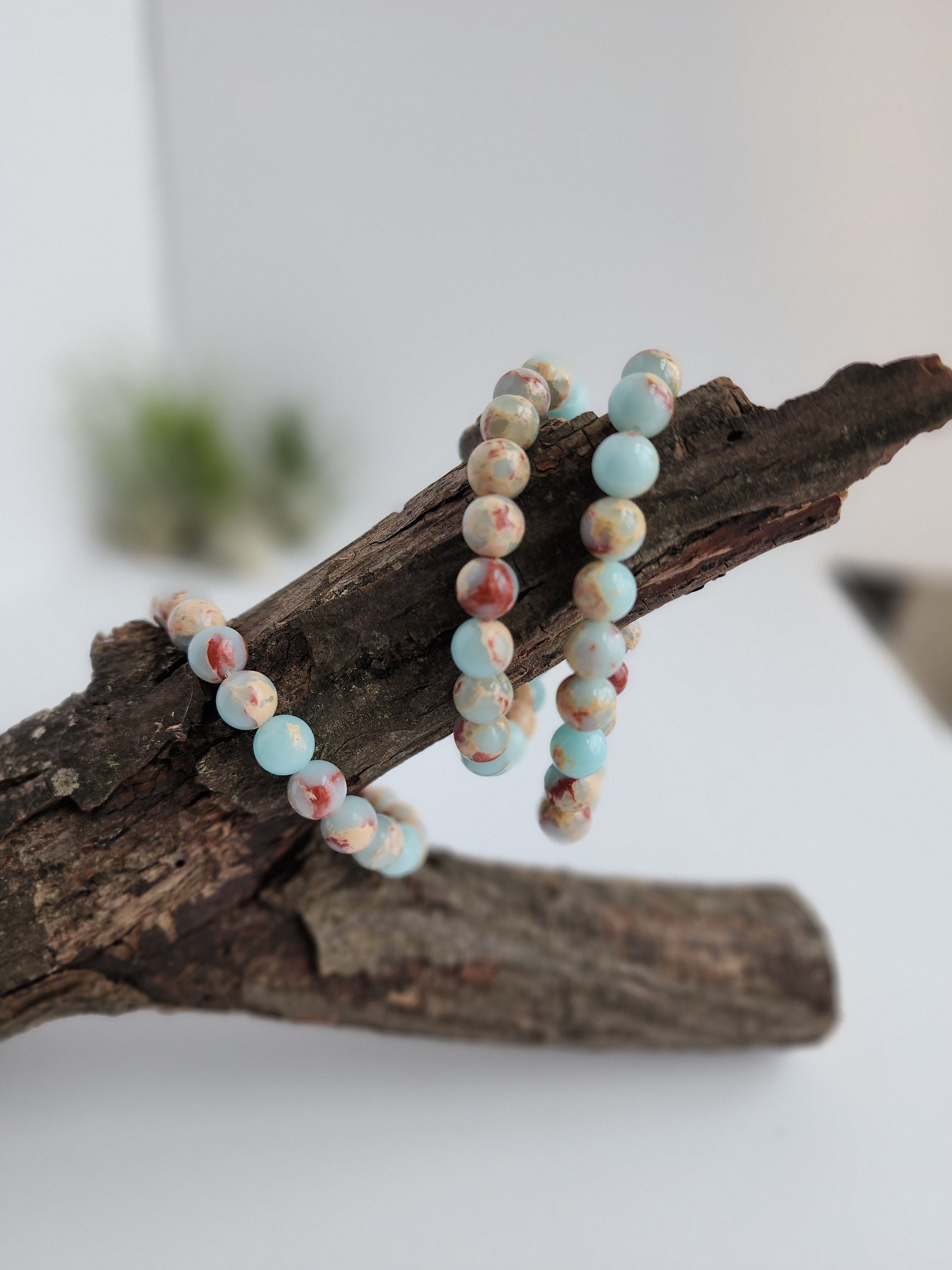 Sky Blue Imperial Jasper | 8MM Agalmatolite Beaded Crystal Bracelet | Blue Sea Sediment | Red & Brown Aqua Terra Accents | Pagodite