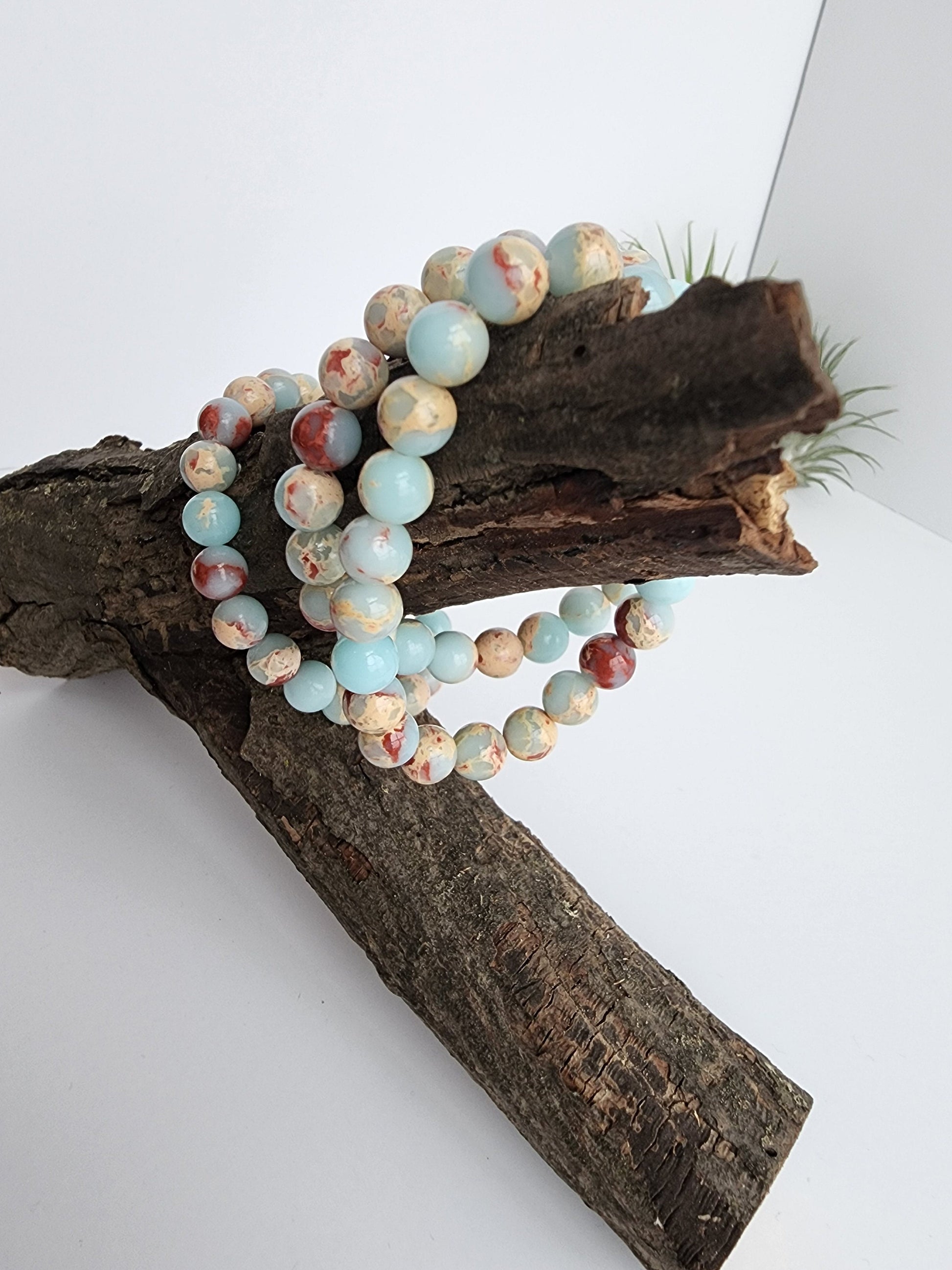 Sky Blue Imperial Jasper | 8MM Agalmatolite Beaded Crystal Bracelet | Blue Sea Sediment | Red & Brown Aqua Terra Accents | Pagodite