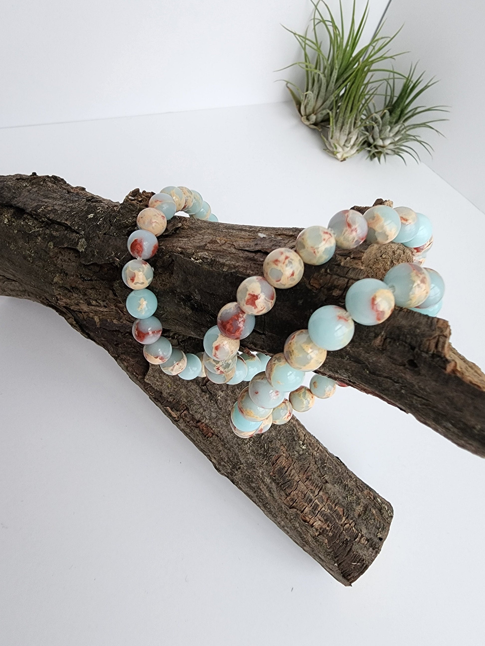 Sky Blue Imperial Jasper | 8MM Agalmatolite Beaded Crystal Bracelet | Blue Sea Sediment | Red & Brown Aqua Terra Accents | Pagodite