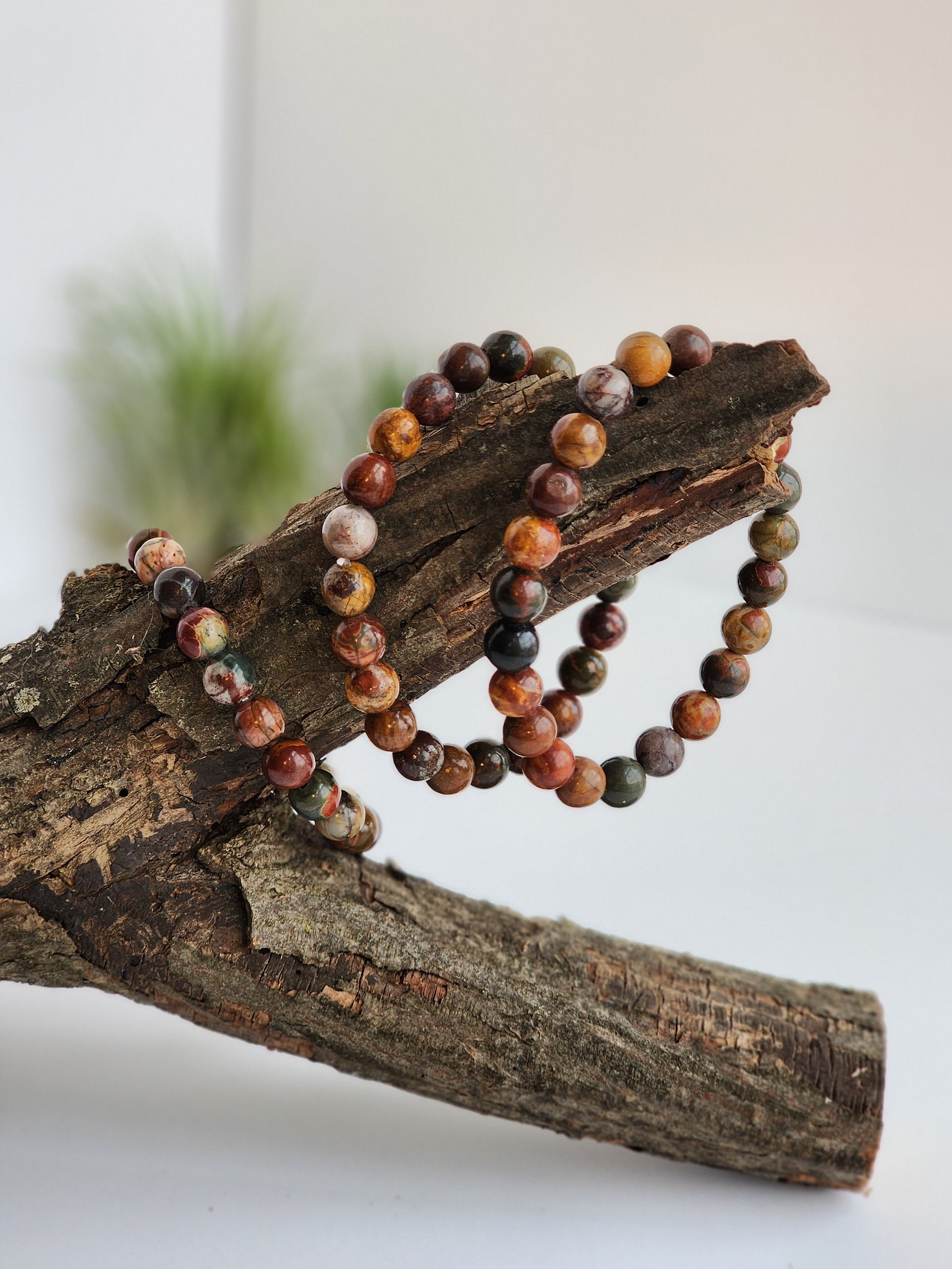 Red Pine Stone Bracelet | Red, Green, Yellow, Natural Color Beands | Stretchy 8MM Crystal Bracelet | Intuitively Chosen