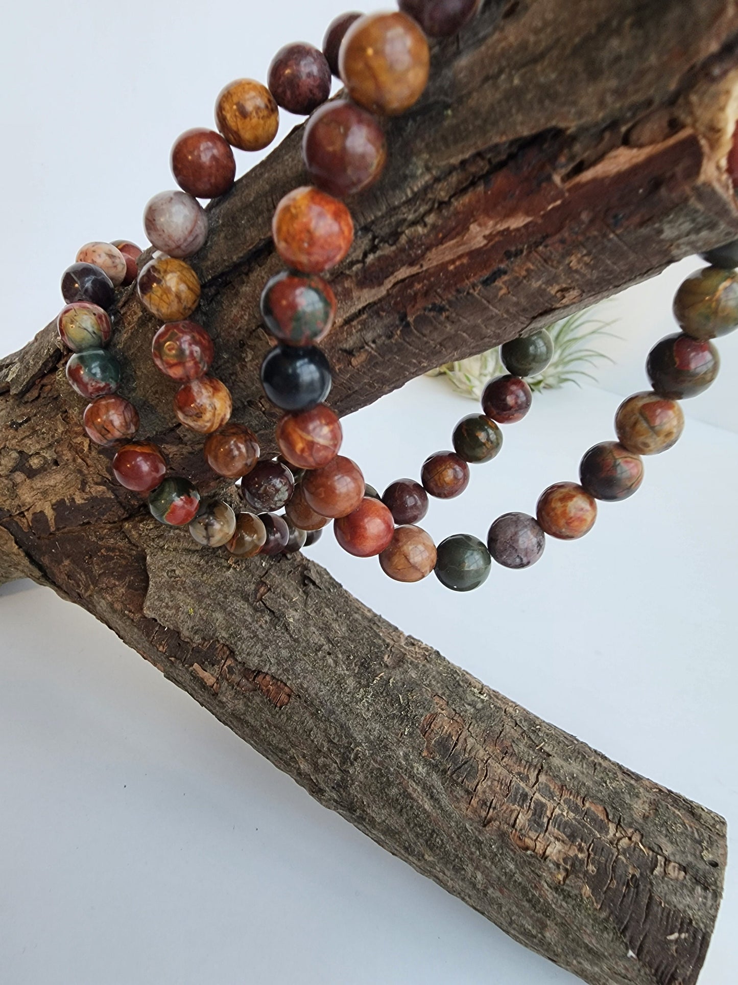 Red Pine Stone Bracelet | Red, Green, Yellow, Natural Color Beands | Stretchy 8MM Crystal Bracelet | Intuitively Chosen