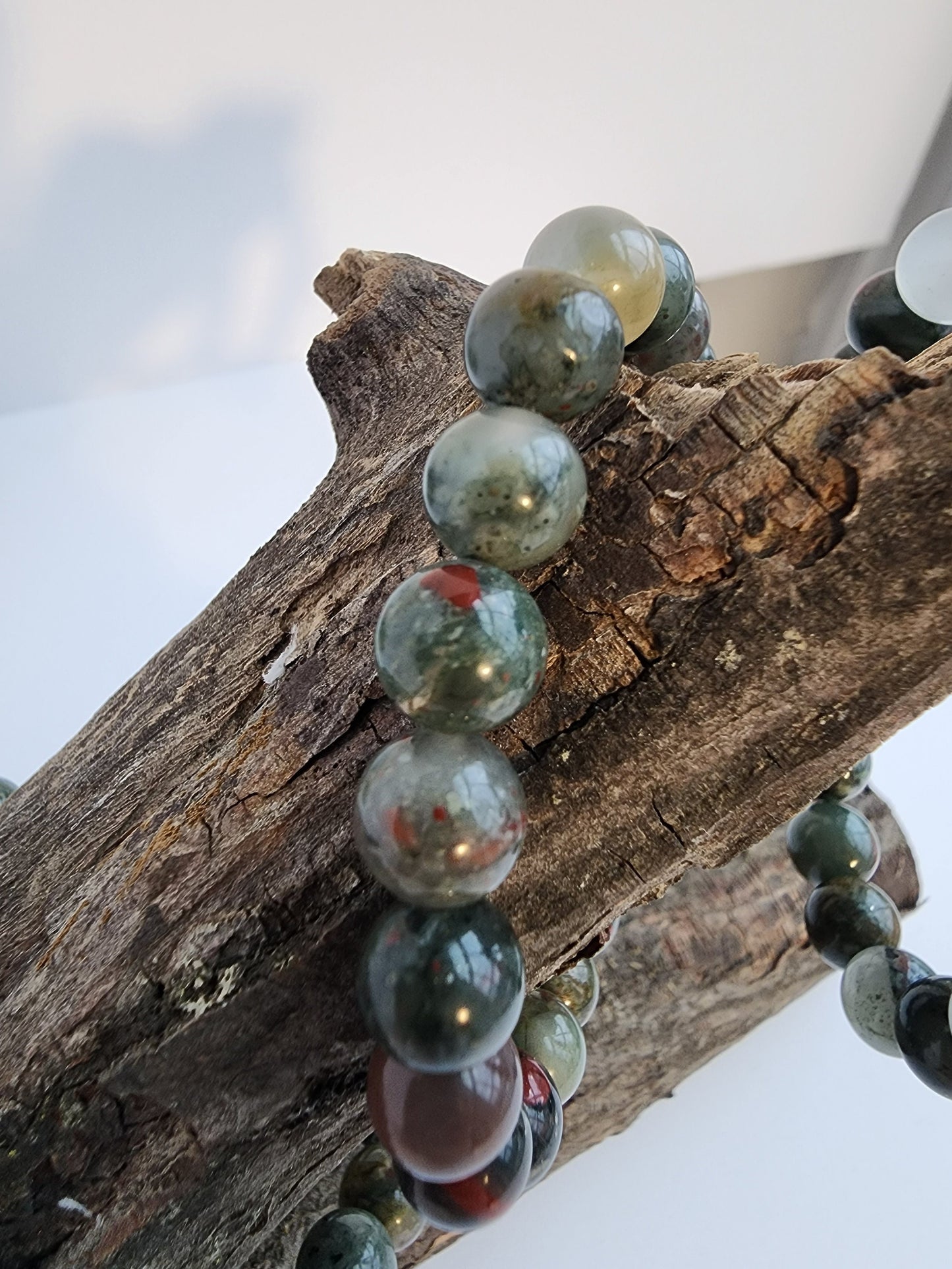 African Bloodstone | 8MM Crystal Bracelet | Gray, Green & Red Beads | Masculine Jewely for Boyfriend or Dad