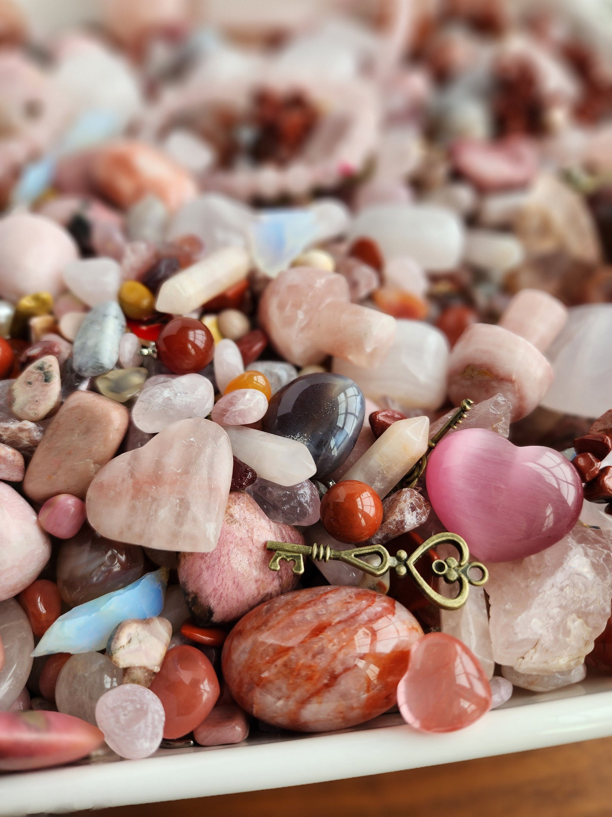 Pink Crystal Confetti Mix: Rose Quartz, Worry Stones & Charm Bracelet