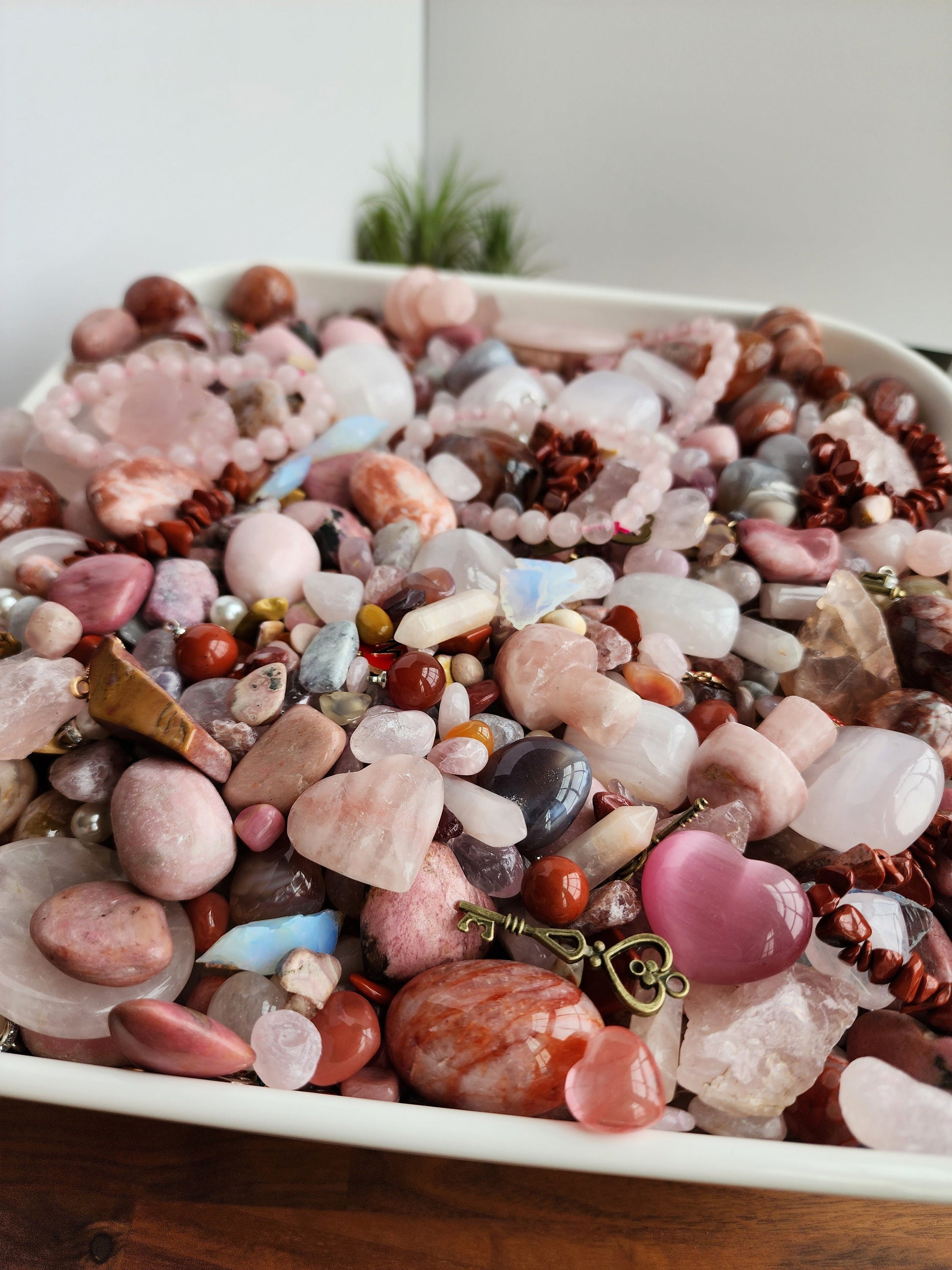 Pink Crystal Confetti Mix: Rose Quartz, Worry Stones & Charm Bracelet