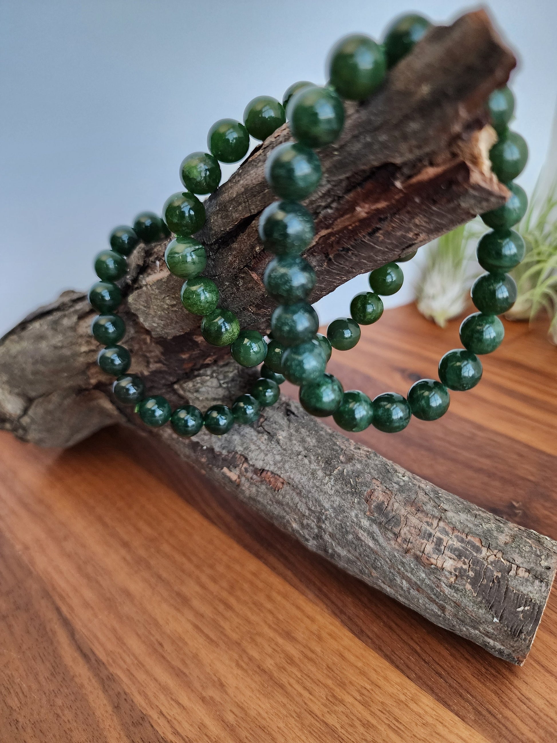 Green Jade Crystal Bracelet | 9MM Deep Forest Green Beads with Stretchy Band | Shades of Emerald and Holly | Yule & Christmas Jewelry