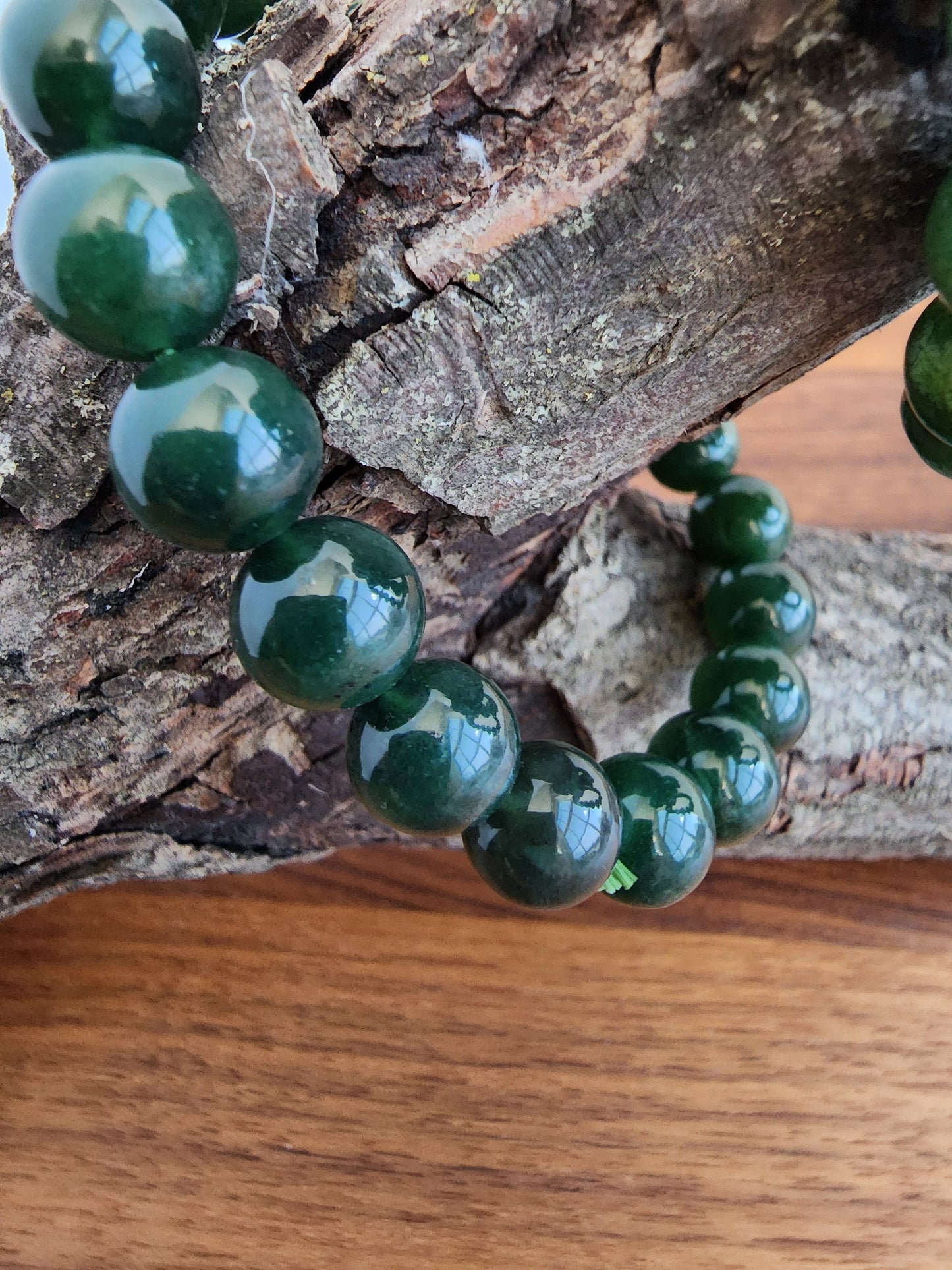 Green Jade Crystal Bracelet | 9MM Deep Forest Green Beads with Stretchy Band | Shades of Emerald and Holly | Yule & Christmas Jewelry