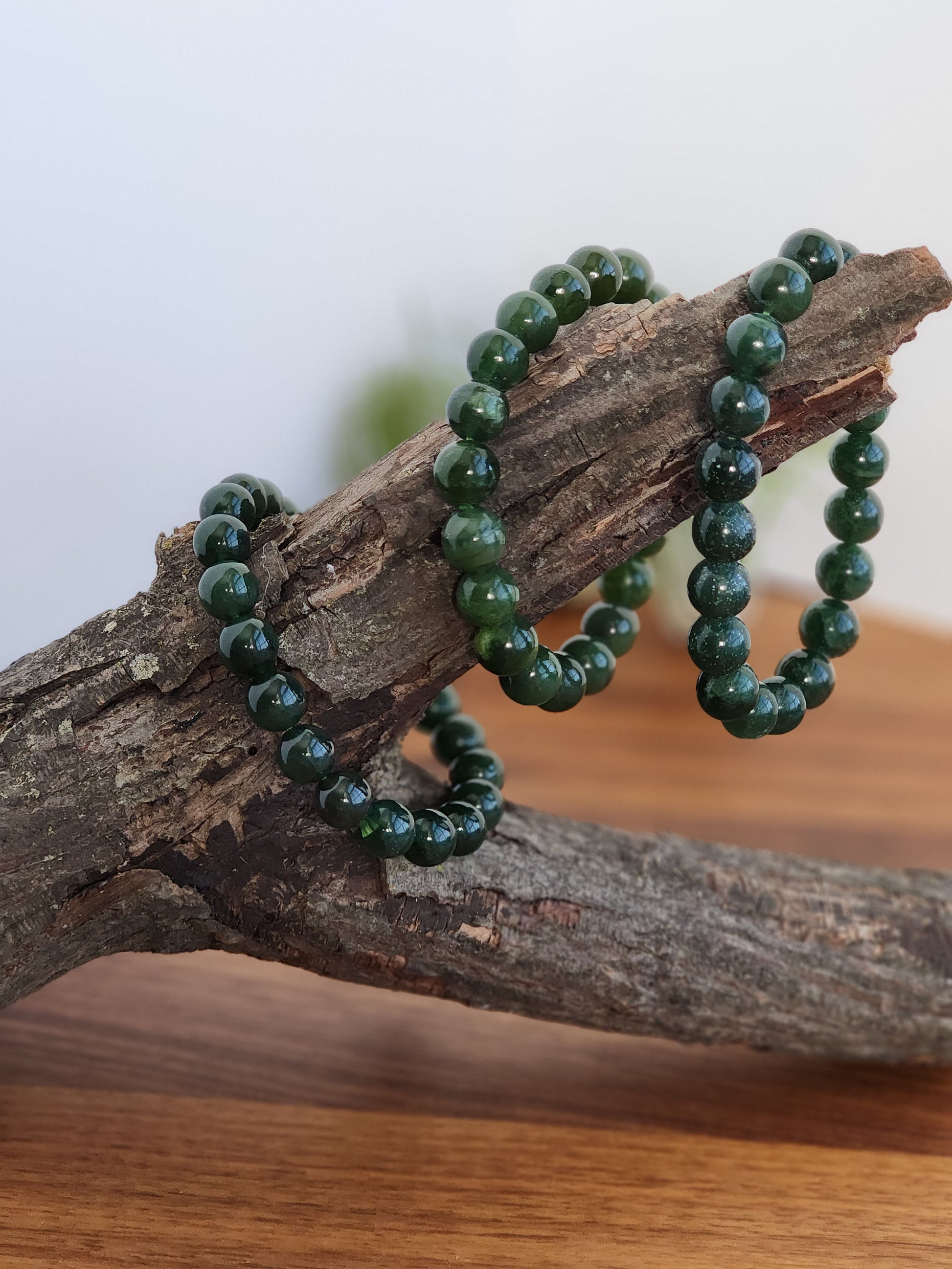 Green Jade Crystal Bracelet | 9MM Deep Forest Green Beads with Stretchy Band | Shades of Emerald and Holly | Yule & Christmas Jewelry