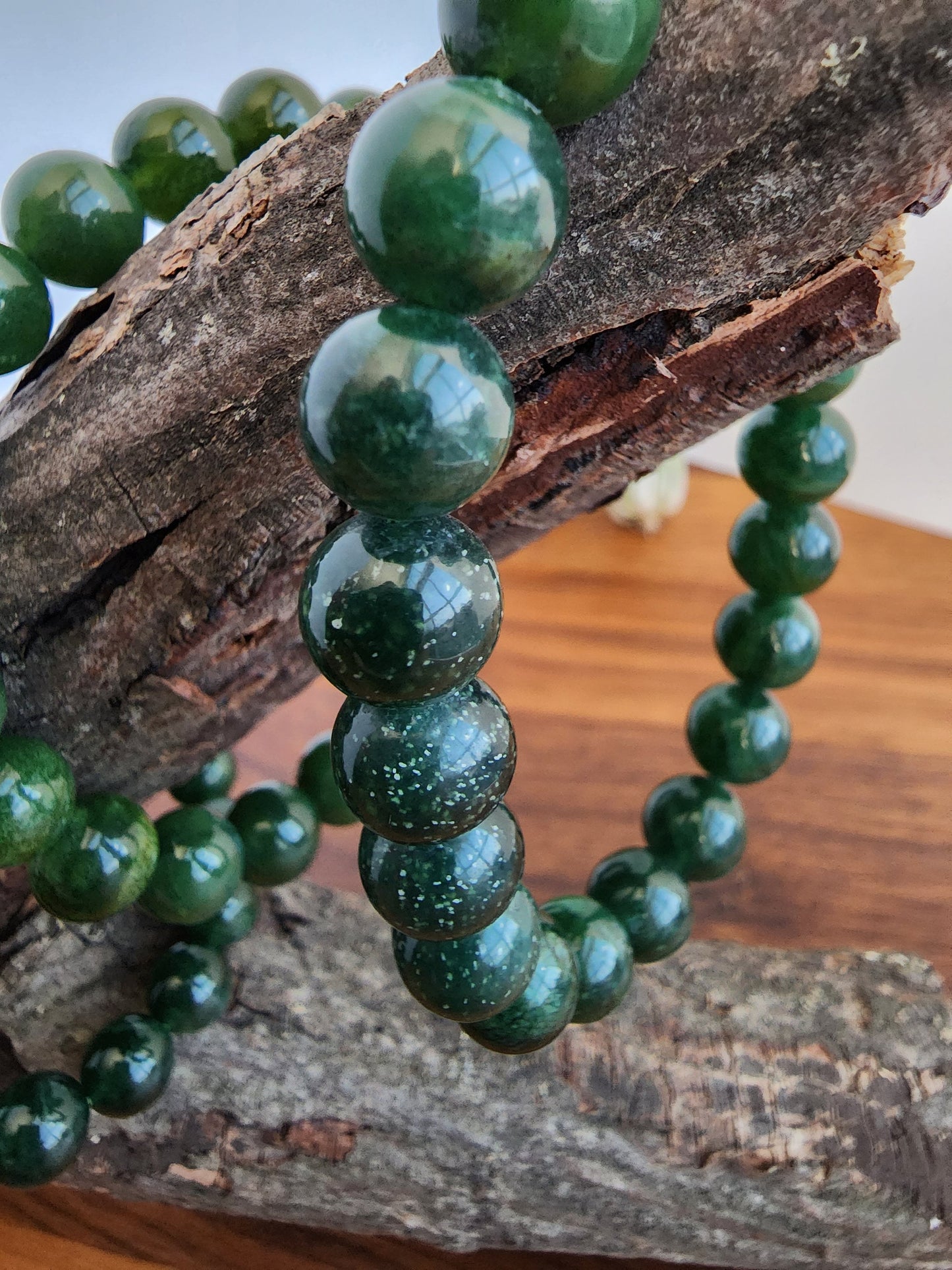 Green Jade Crystal Bracelet | 9MM Deep Forest Green Beads with Stretchy Band | Shades of Emerald and Holly | Yule & Christmas Jewelry