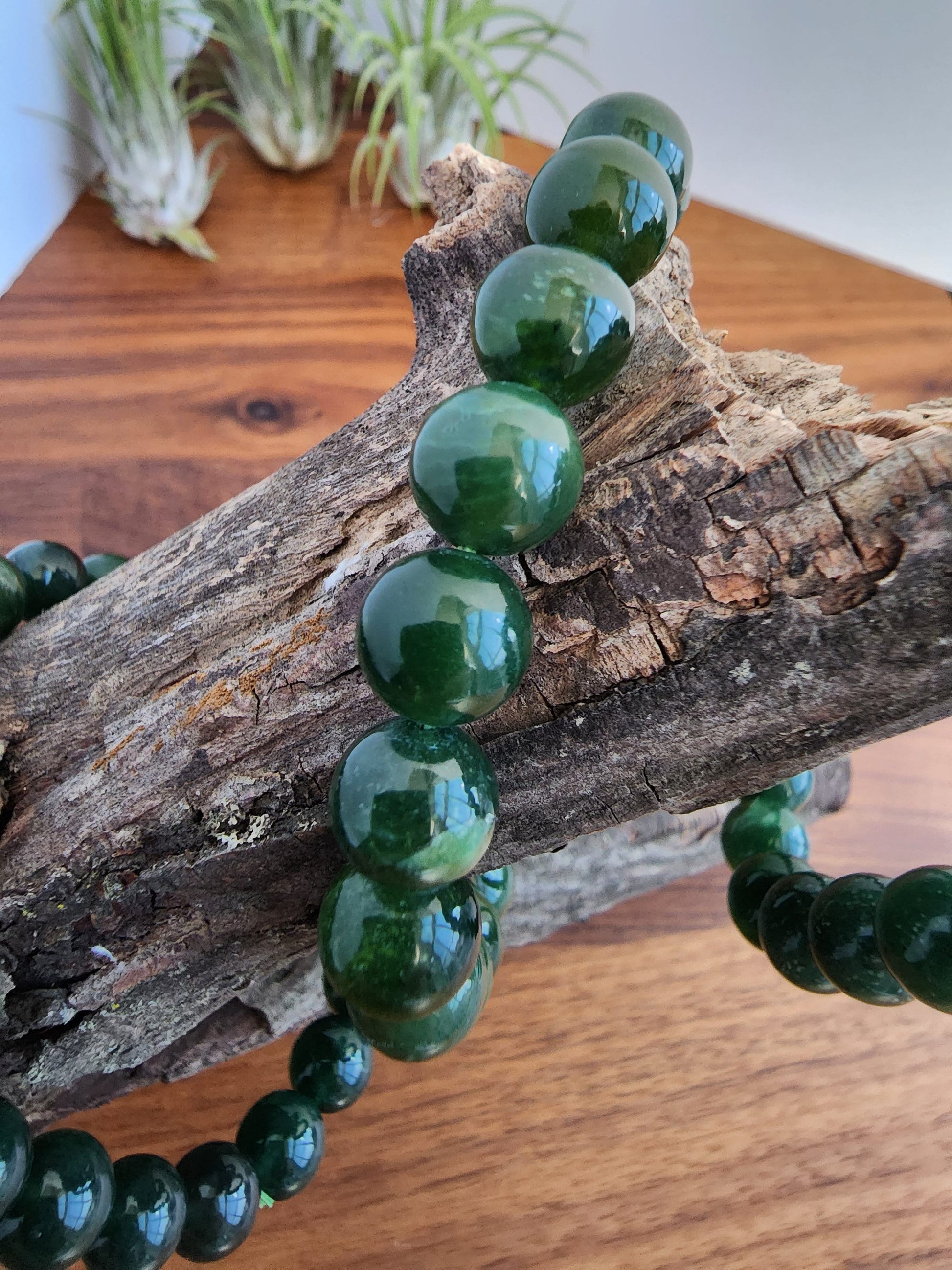 Green Jade Crystal Bracelet | 9MM Deep Forest Green Beads with Stretchy Band | Shades of Emerald and Holly | Yule & Christmas Jewelry