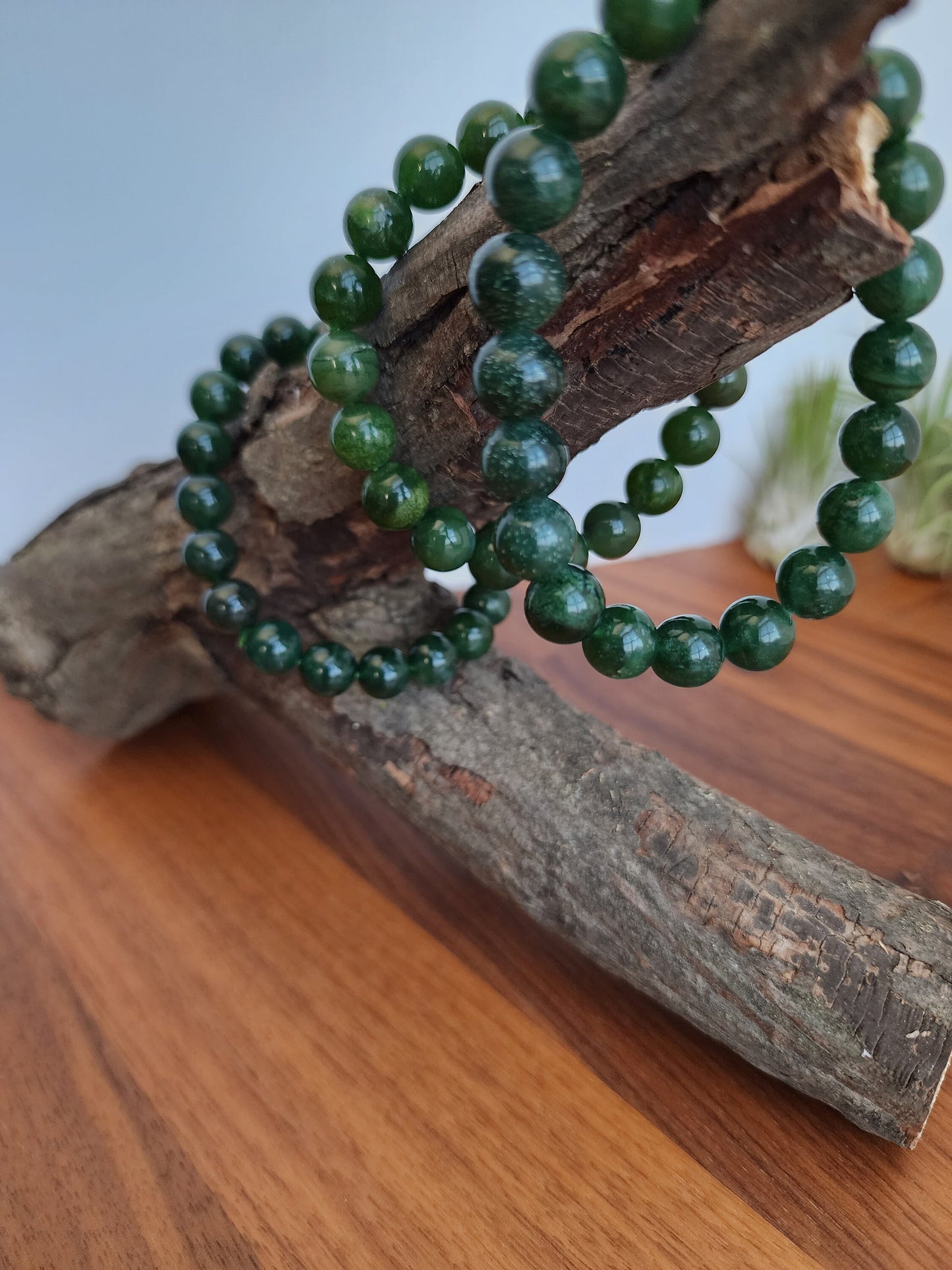 Green Jade Crystal Bracelet | 9MM Deep Forest Green Beads with Stretchy Band | Shades of Emerald and Holly | Yule & Christmas Jewelry