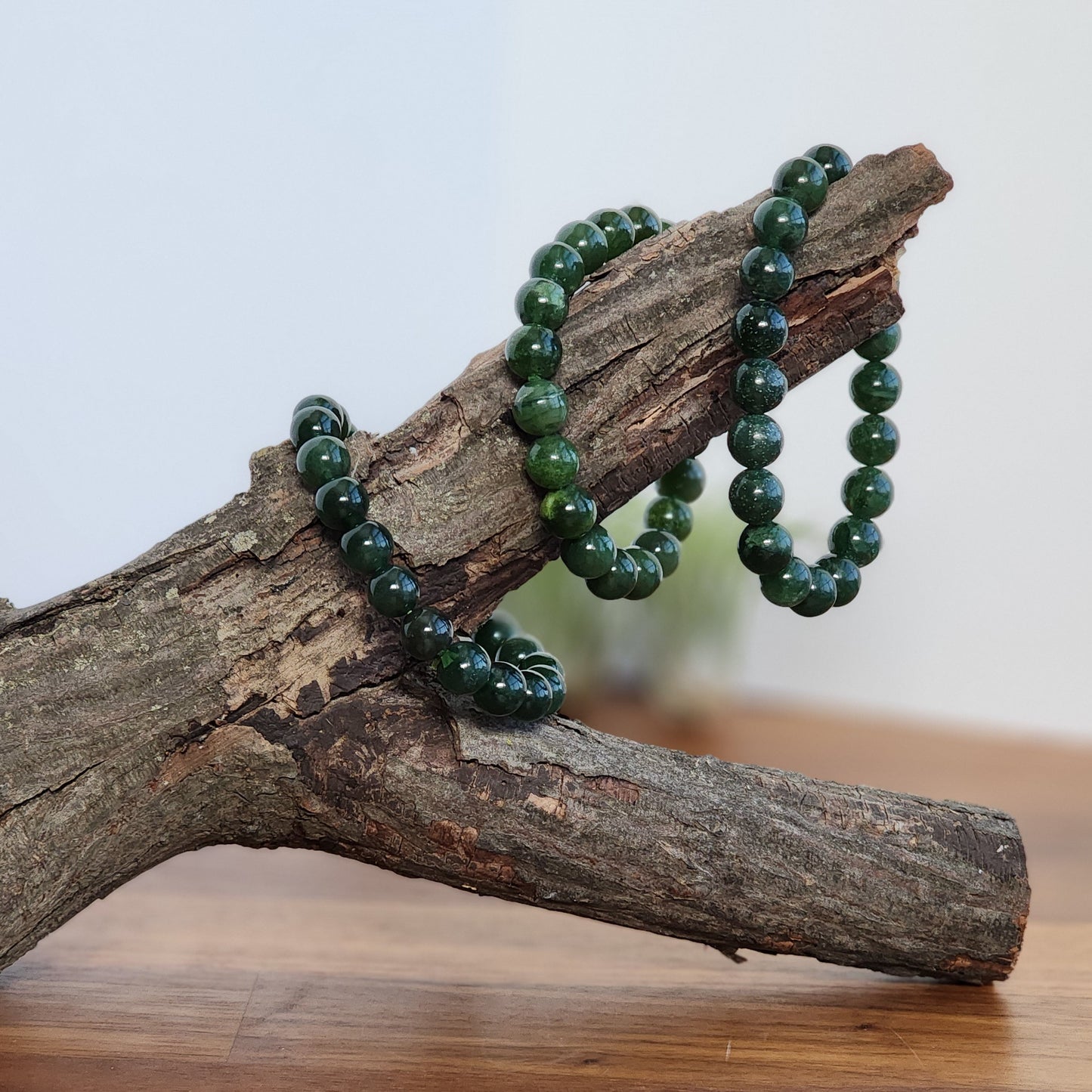 Green Jade Crystal Bracelet | 9MM Deep Forest Green Beads with Stretchy Band | Shades of Emerald and Holly | Yule & Christmas Jewelry