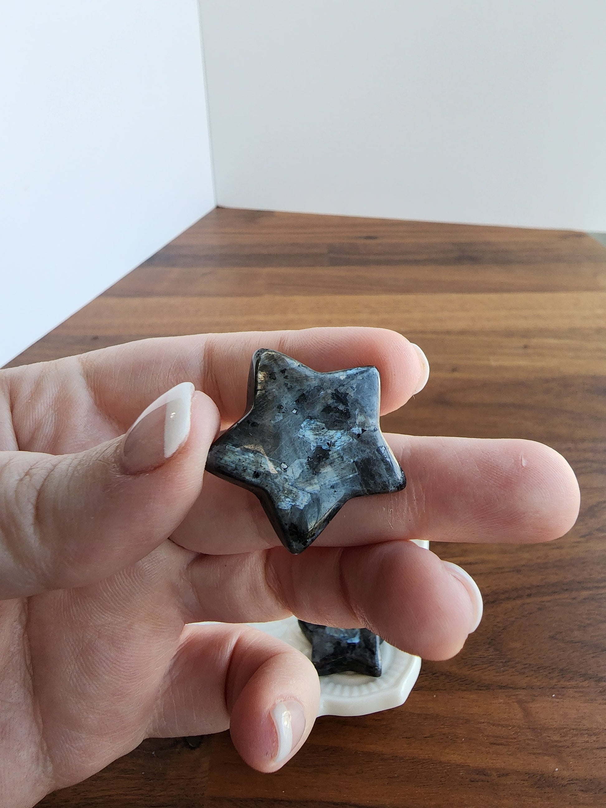 Larvikite Star | Mini Crystal Carvings | Small Black, Gray, and Silver Sheen Stars | Flashy Blue Crystals | 5 Dollars | Intuitively Chosen