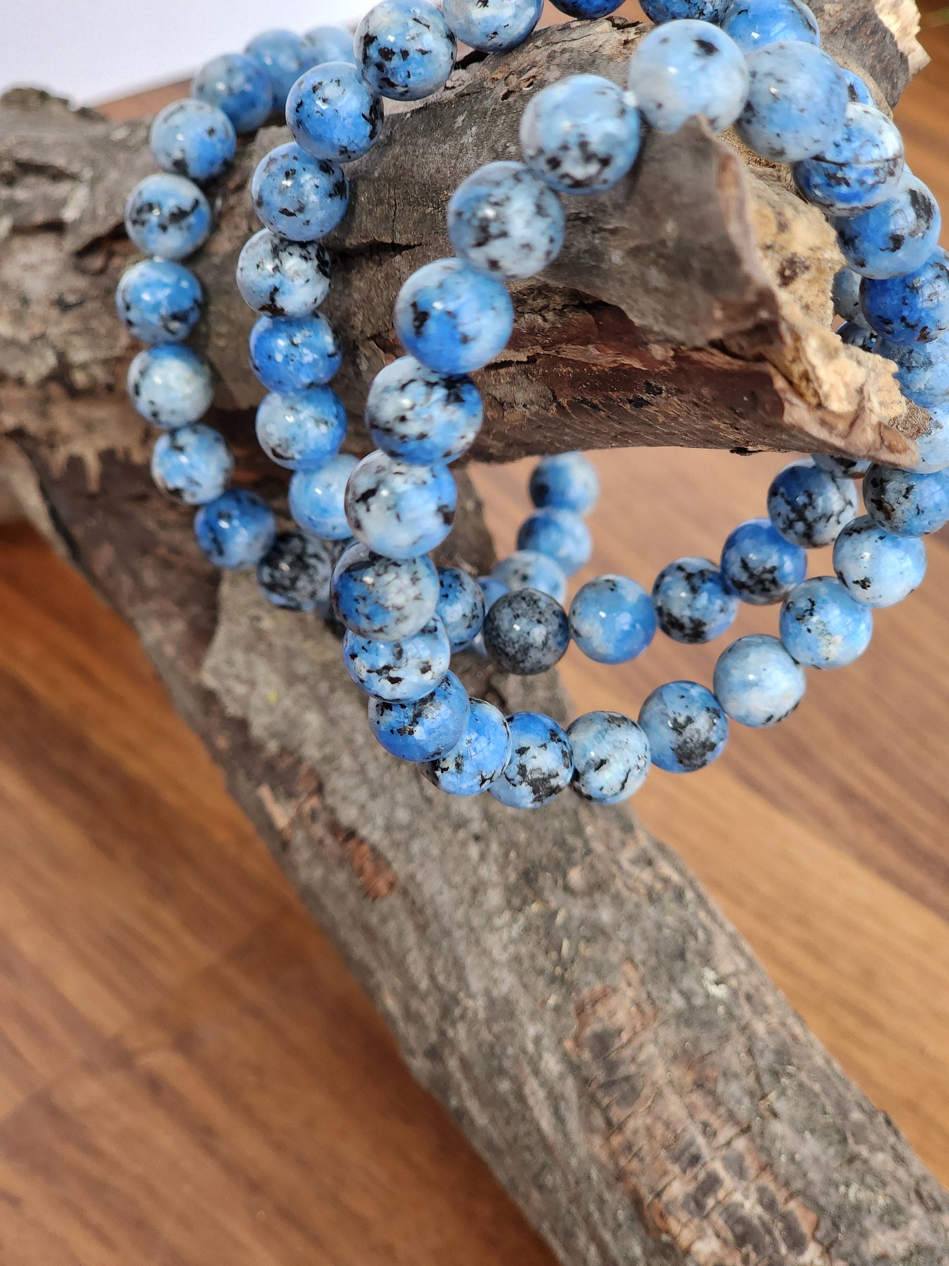 K2 Bracelet | 8MM White Granite Crystal Beads | Gneiss with Bright Blue (teal) and Black Spots | Unique Jewelry for Winter Lovers