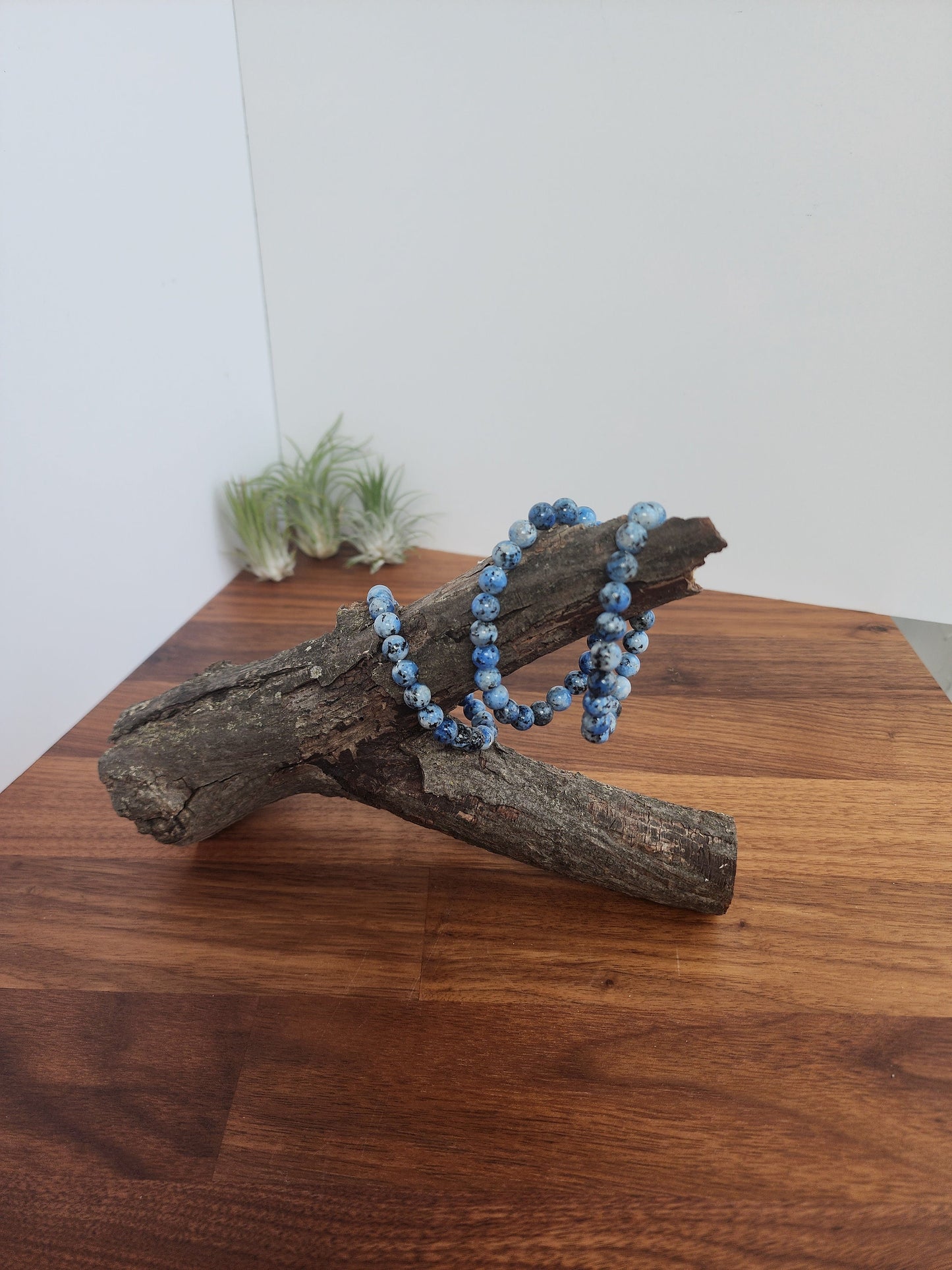 K2 Bracelet | 8MM White Granite Crystal Beads | Gneiss with Bright Blue (teal) and Black Spots | Unique Jewelry for Winter Lovers