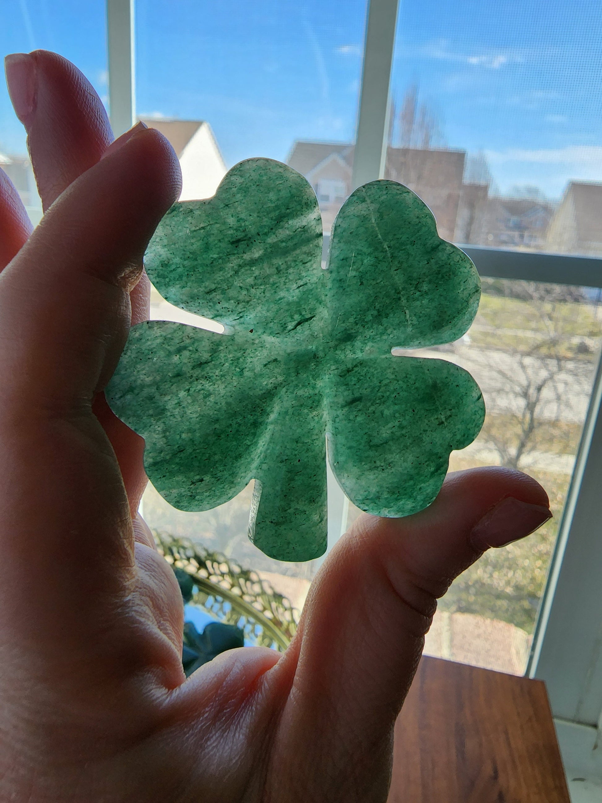 Green Aventurine Crystal 4 Leaf Clover: Lucky Shamrock Decor