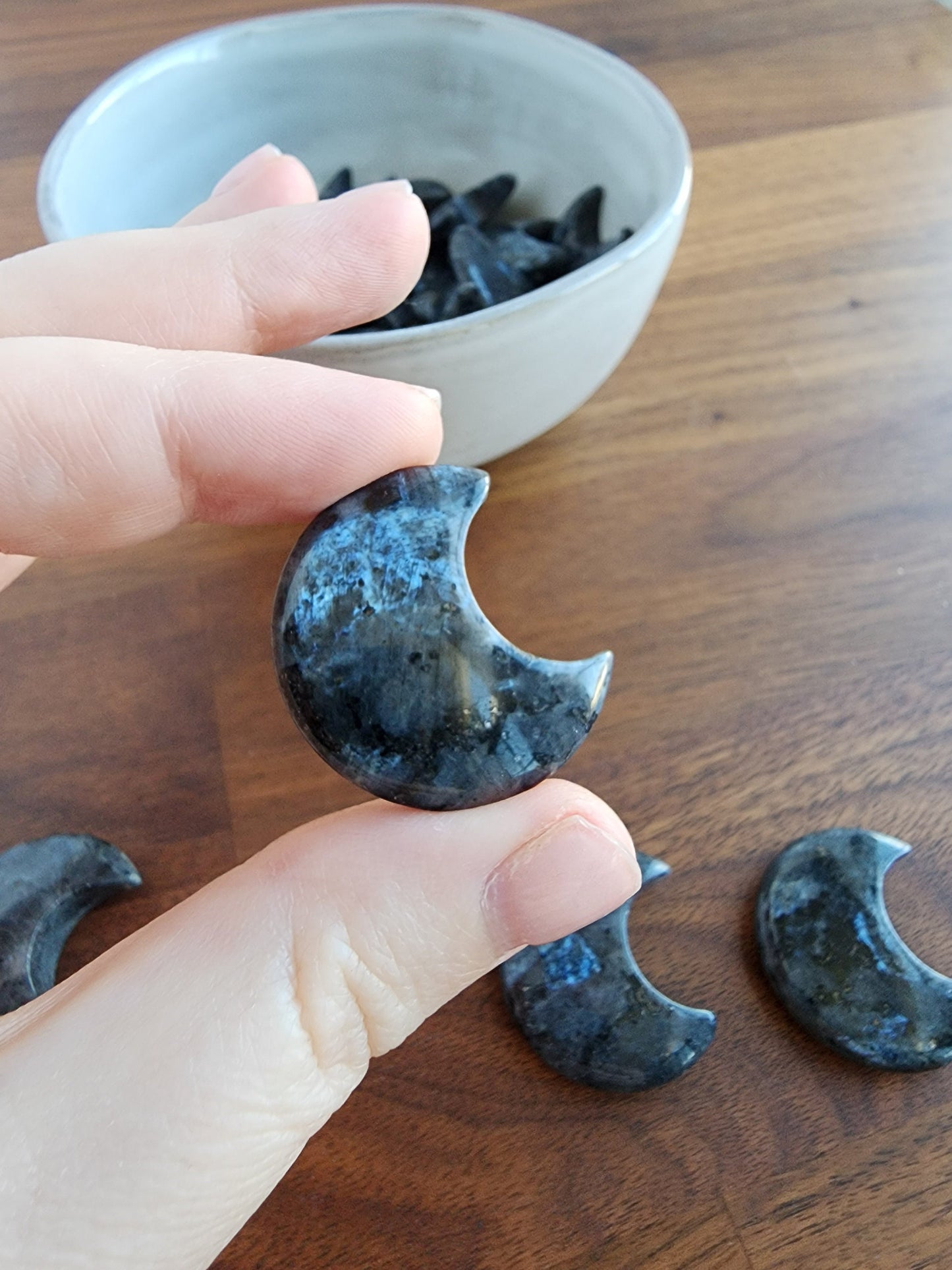 Larvikite Moon | Mini Crystal Crescent | Flashy Larvakite (Monzonite & Feldspar) Celestial or Lunar Decor | Intuitively Chosen Pocket Stone