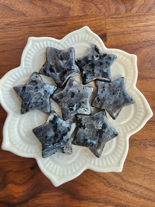 Larvikite Star | Mini Crystal Carvings | Small Black, Gray, and Silver Sheen Stars | Flashy Blue Crystals | 5 Dollars | Intuitively Chosen