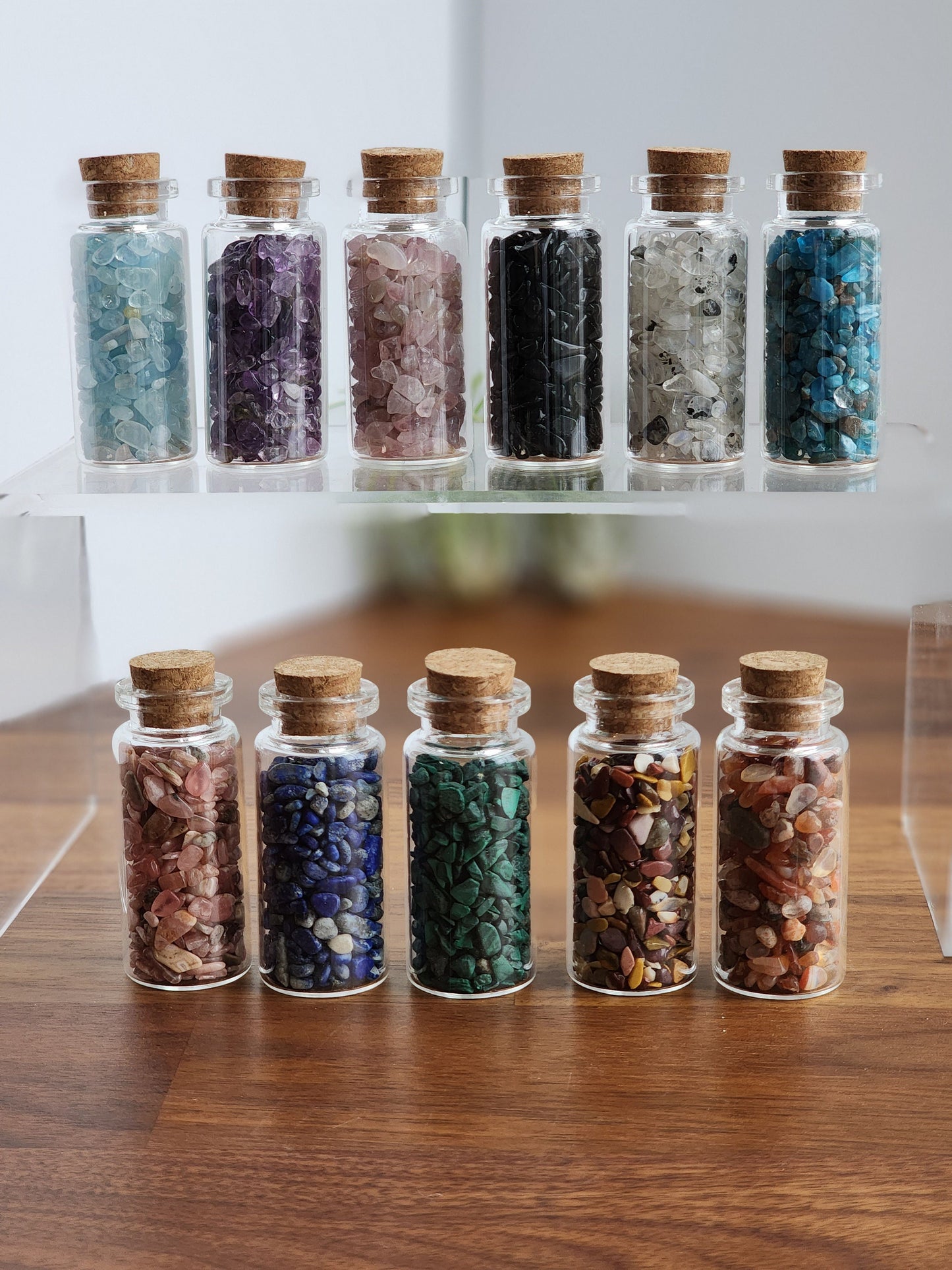 Crystal Chips Jars | Mini Bottles of Crystals | Rhodochrisite, Malachite, Kunzite, Moonstone, Obsidian, Mookite, Amethyst, Lapis, Red Agate