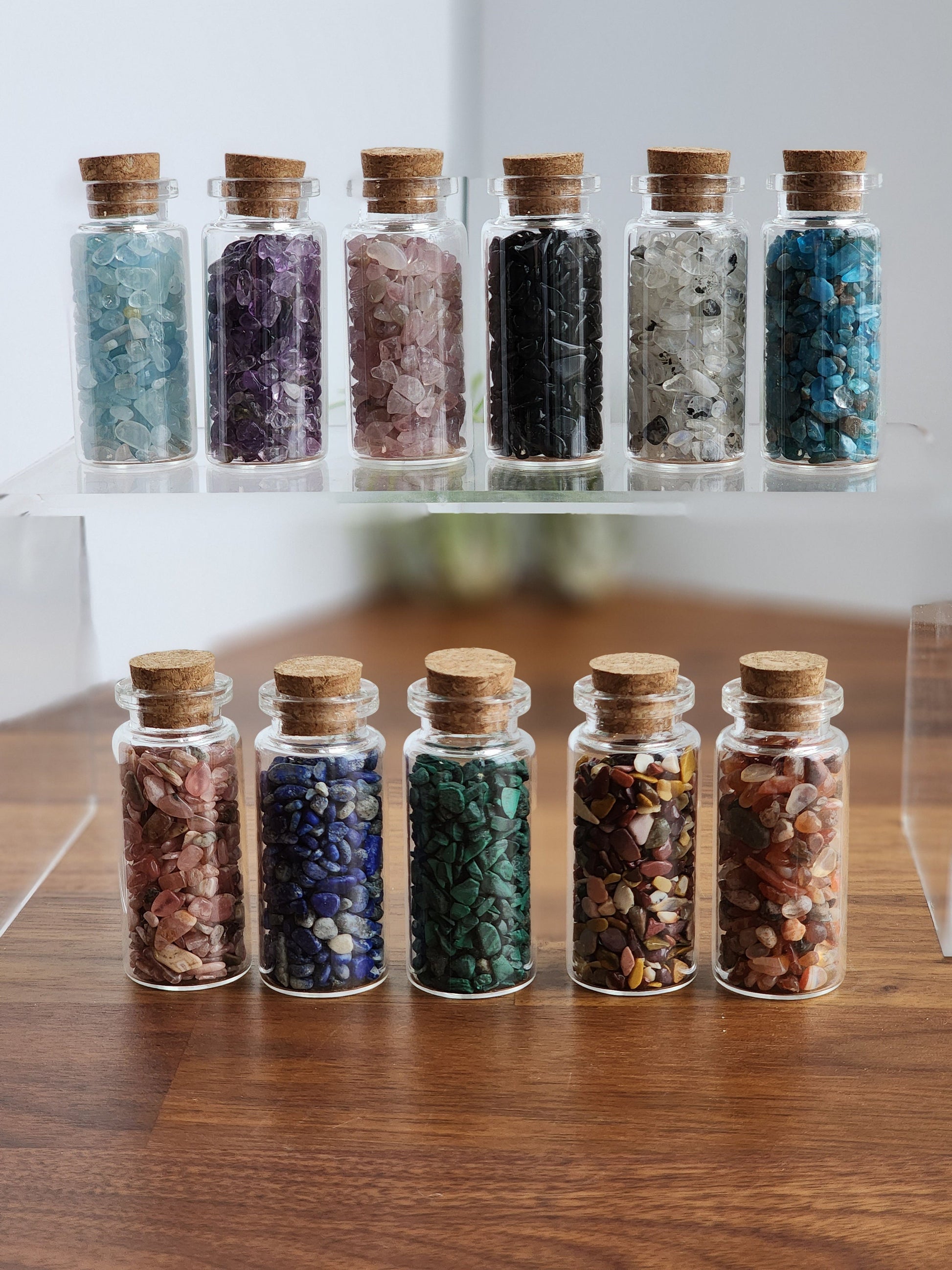 Crystal Chips Jars | Mini Bottles of Crystals | Rhodochrisite, Malachite, Kunzite, Moonstone, Obsidian, Mookite, Amethyst, Lapis, Red Agate